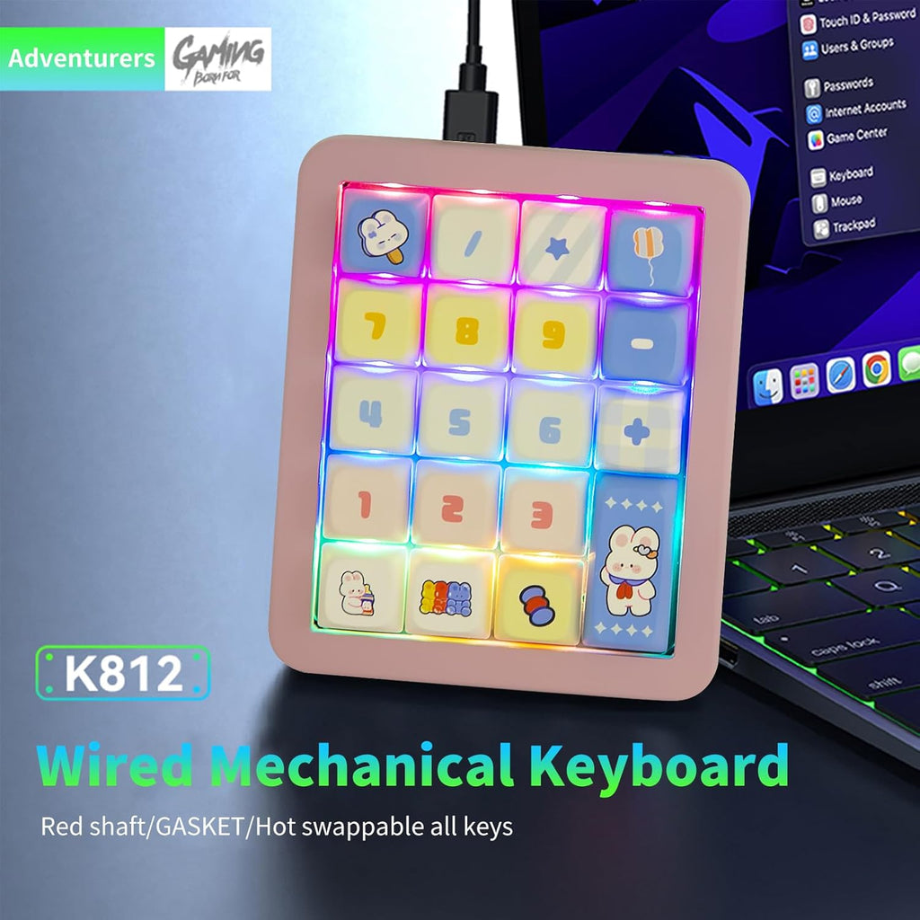 Adventurers K812 Wired Mechanical Numeric Keypad, 19-Key Hot-Swappable RGB Numpad, Macro Programmable, Detachable Type-C Cable, Game/Office Mode Switch – for PC/Laptop/Desktop (Pink)
