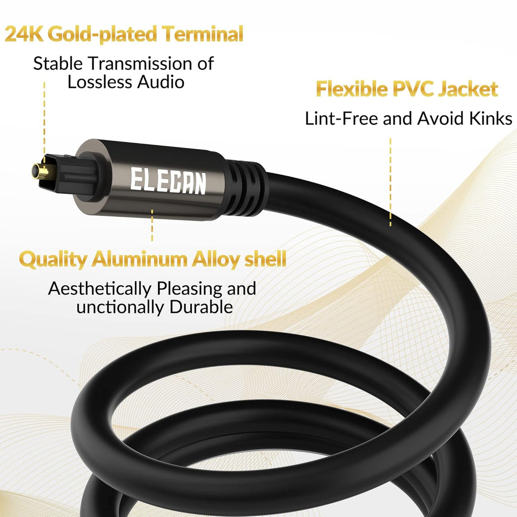 Elecan Optical Audio Cable 200 Ft Digital Audio Toslink Cable Cord-Fiber Optic-Gold Plated-Flexiable&Durable-for Home Theater,Sound Bar,PS4&Xbox-with 4 Right Angled and Mini Toslink Adapters+Ties