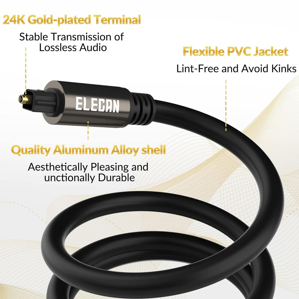 Elecan Optical Audio Cable 100 Ft Digital Audio Toslink Cable Cord-Fiber Optic-Gold Plated-Flexiable&Durable-for Home Theater,Sound Bar,PS4&Xbox-with 4 Right Angled and Mini Toslink Adapters+Ties