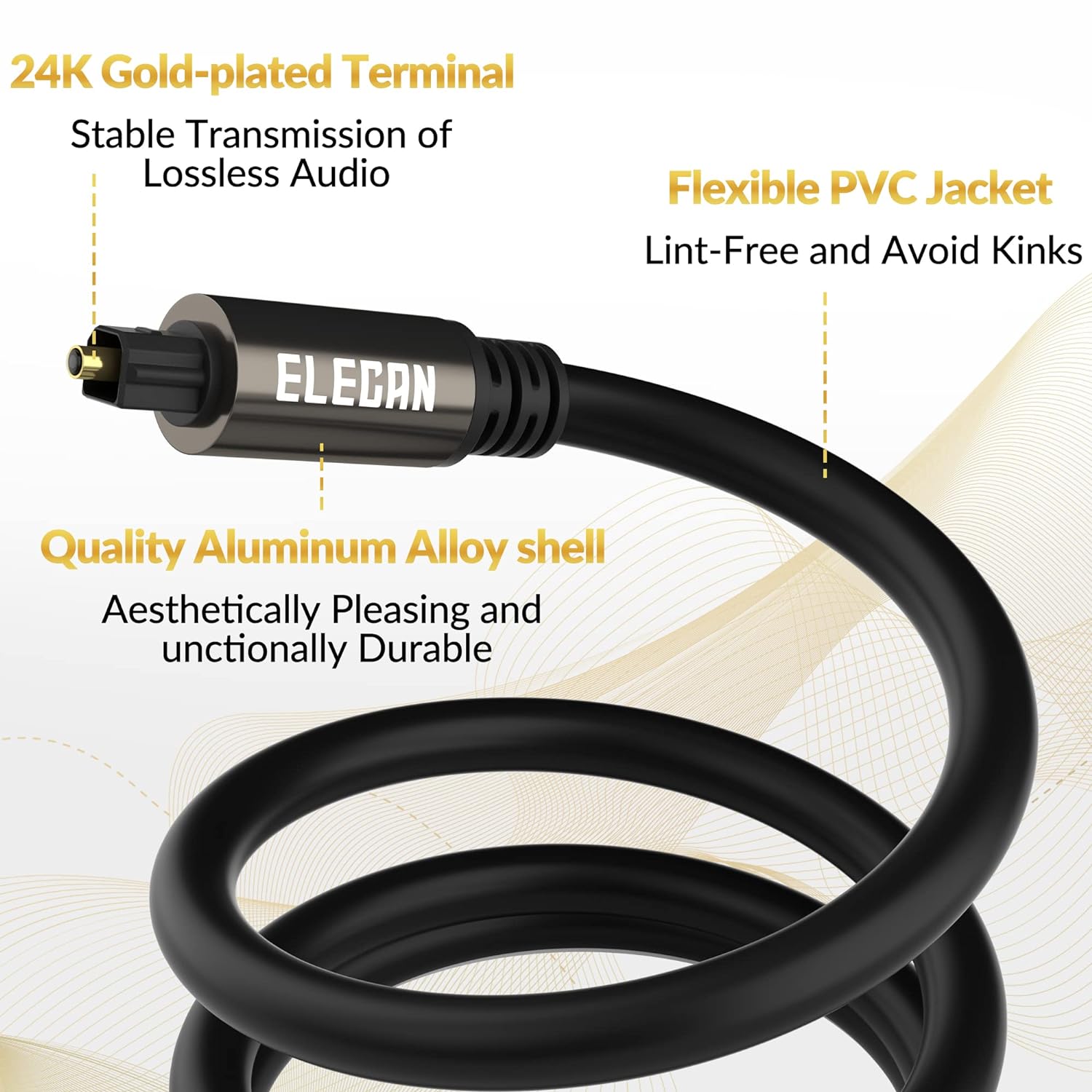 Elecan Optical Audio Cable 100 Ft Digital Audio Toslink Cable Cord-Fiber Optic-Gold Plated-Flexiable&Durable-for Home Theater,Sound Bar,PS4&Xbox-with 4 Right Angled and Mini Toslink Adapters+Ties