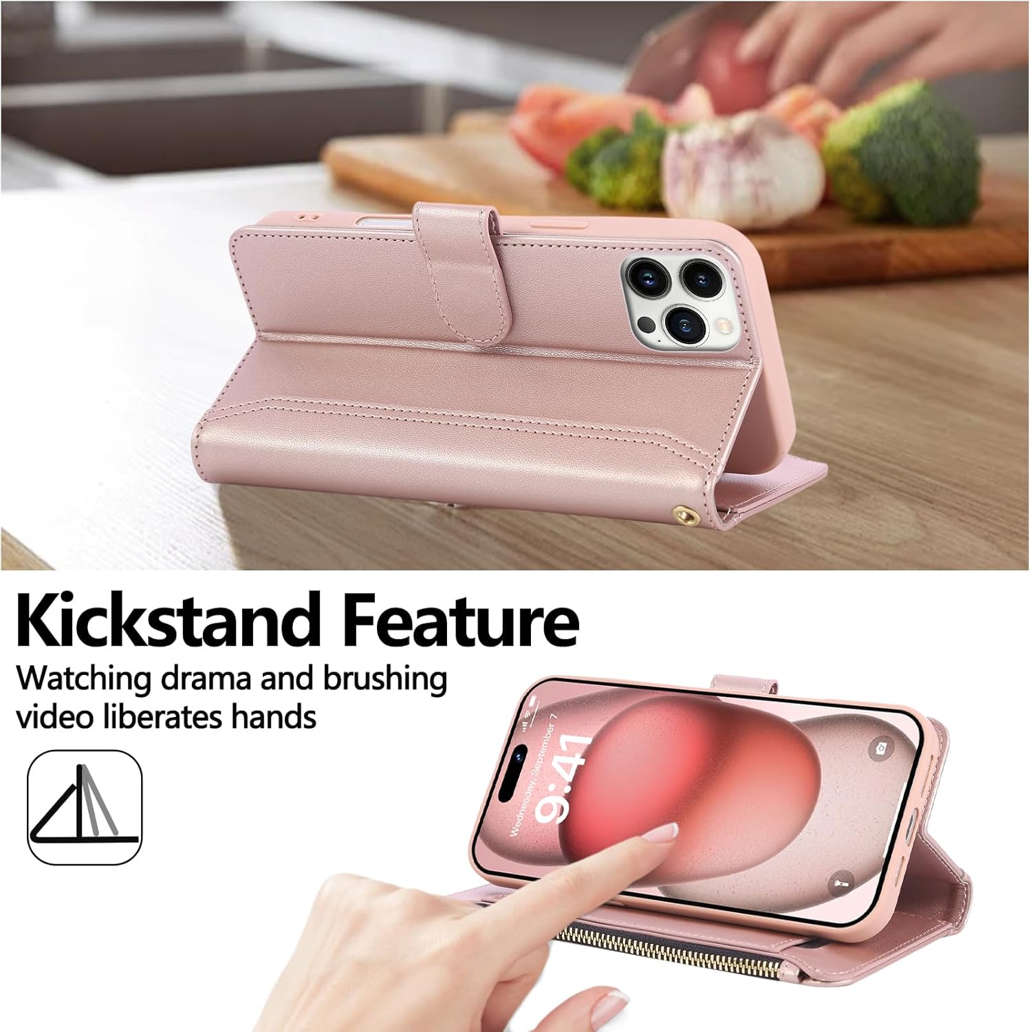 Compatible with iPhone 16 Pro Max Wallet Phone Case-PU Leather Magnetic Flip Cover with Credit Card Slots,Zipper Pocket & Detachable Wrist Strap,Shockproof Design,for Women and Men-Pink