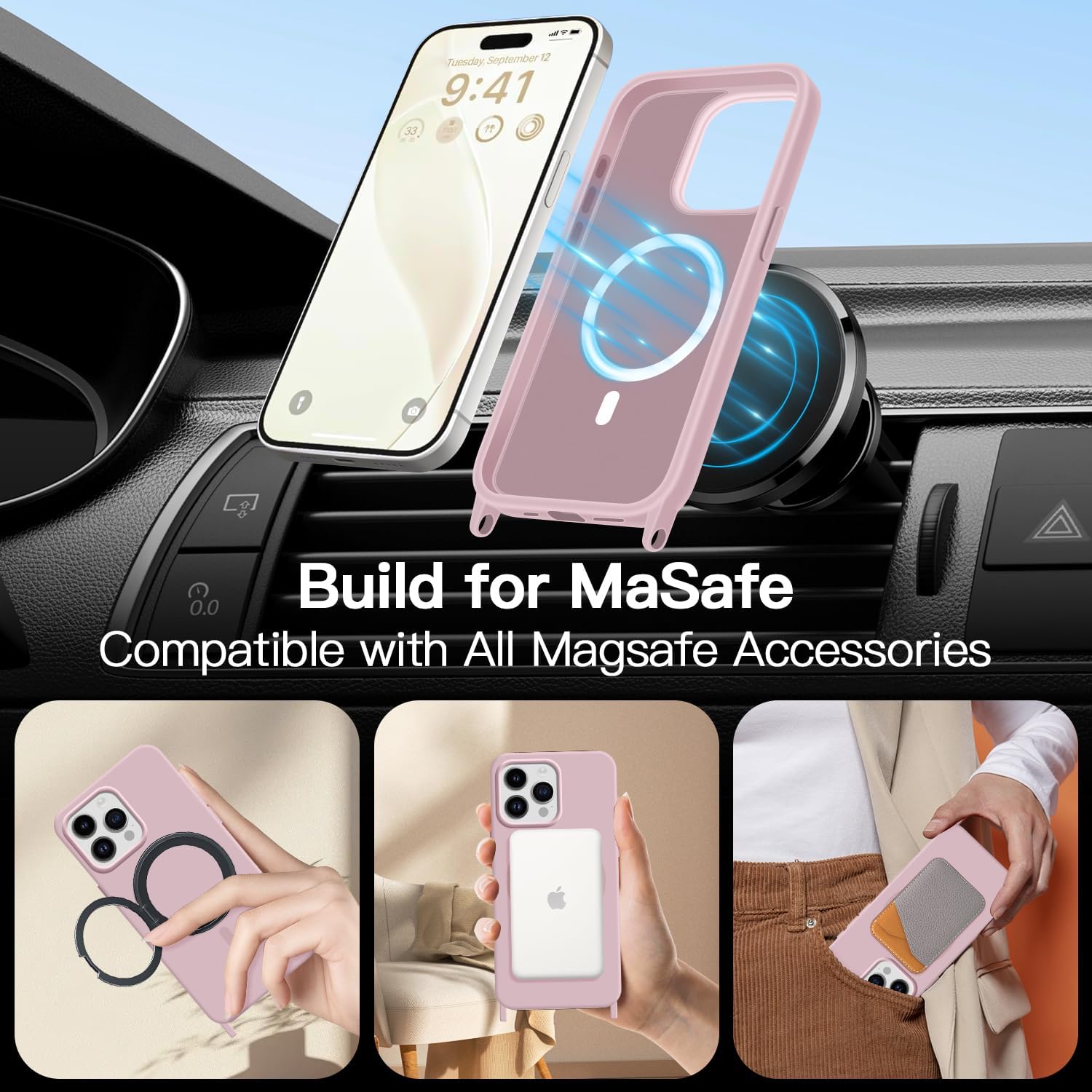 for iPhone 16 Pro Case with Lanyard [Compatible with MagSafe], Crossbody Phone Case with Neck Strap Adjustable, Magnetic Phone Cover for iPhone 16 Pro 6.3'' Pink