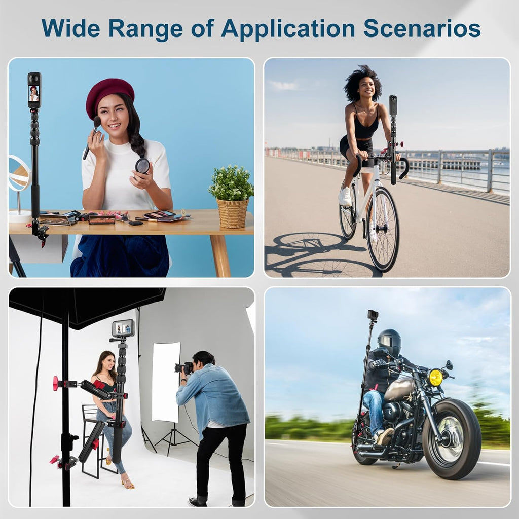 Motorcycle Mount kit for Insta36O X5 X4, Bike Handlebar Clamp Mount and 59" Invisible Selfie Stick Bundle Kit, Heavy-Duty Super Clamp Camera Ebike ATV Mount for G02/3 /3S/Ace, GoPr0 13,JC017