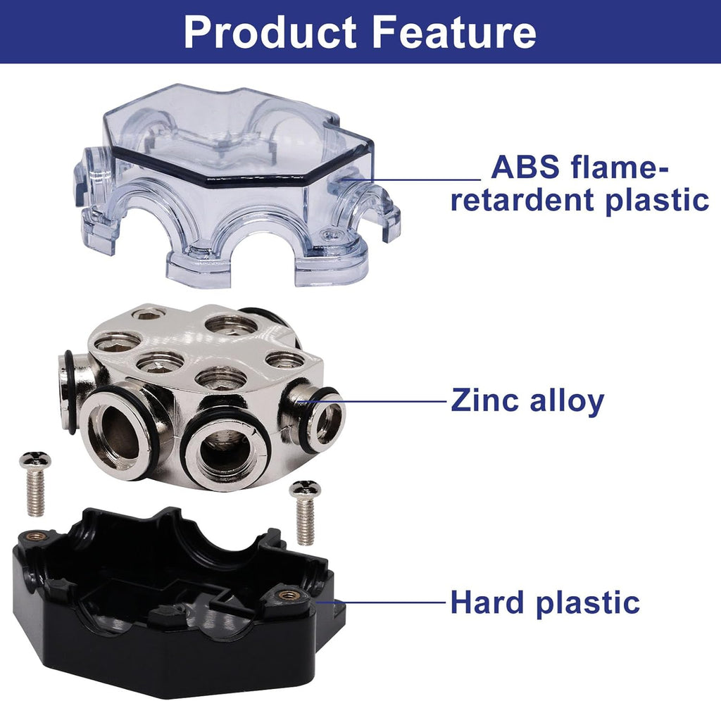 2pc Power Distribution Block Car Audio 1 in 5 Ways Out Car Audio Distributions Block 0 Gauge Input 2/4/8 Gauge Out Ground Cable Splitter Distribution Blocks for Automotive