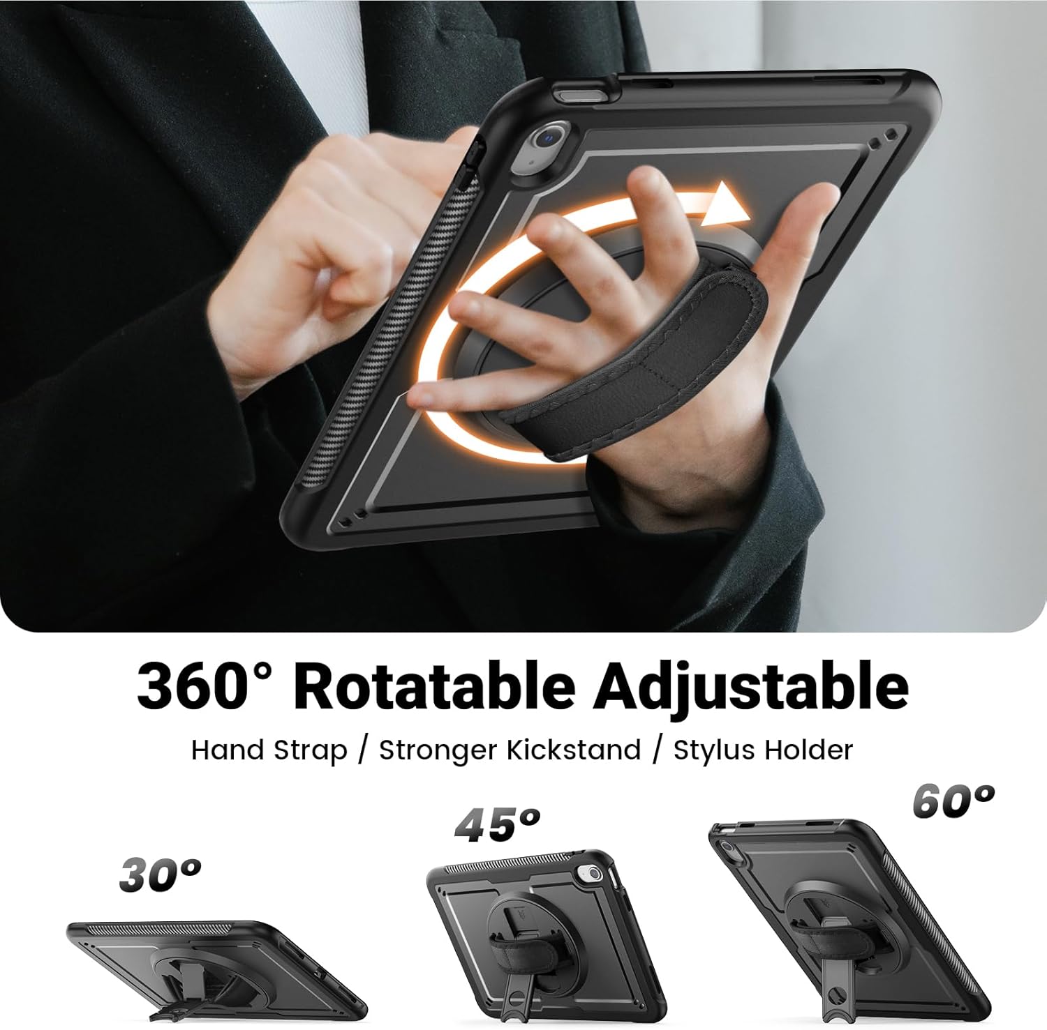 SCSVPN Case for iPad (A16) 11th Generation 11 Inch 2025 / 10th Generation 10.9 Inch 2022, Shockproof Protective Case with Screen Protector, Pencil Holder, Rotating Stand, Hand/Shoulder Strap - Black