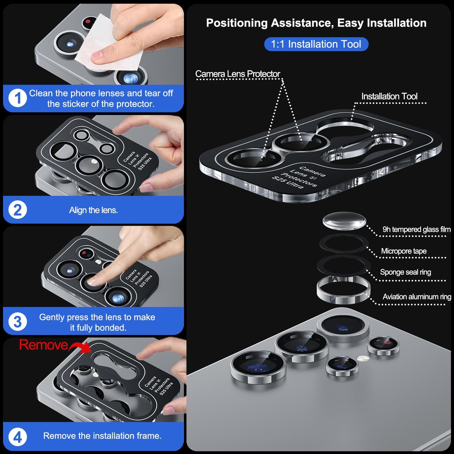 WSKEN for Samsung Galaxy S25 Ultra Camera Lens Protector - Ultra Thin Case Friendly, 9H Shatterproof Tempered Glass with Aluminum Metal Circle Camera Screen Protector Cover Accessories, Silver