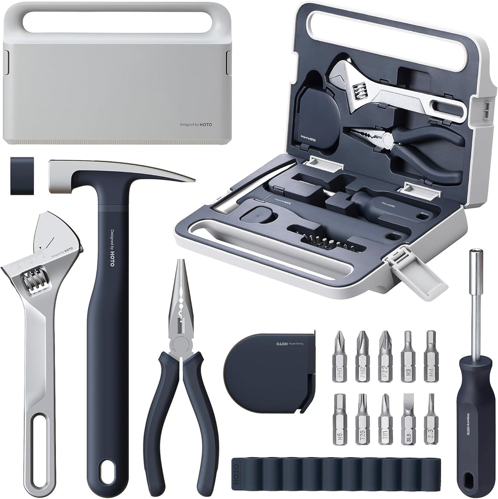 HOTO 16-Piece Home Tool Kit, Basic Hand Tool Set with Storage Box – Includes Screwdriver, Wrench, Hammer, Tape Measure, Plier – Ideal for Household, Garage, Office, Dorm Repairs & DIY Projects