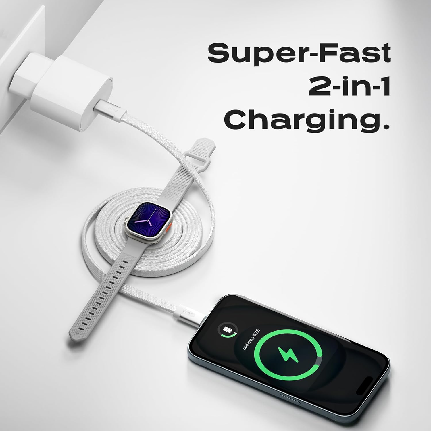 Statik MagStack Duo 2 in 1 USB C to USB C Cable Charging Station for SmartWatch & Phone, Magnetic Type C Charger Fast Charging Cord, Compatible w/Apple Watch & iPhone 15/16, Galaxy S21, 3FT