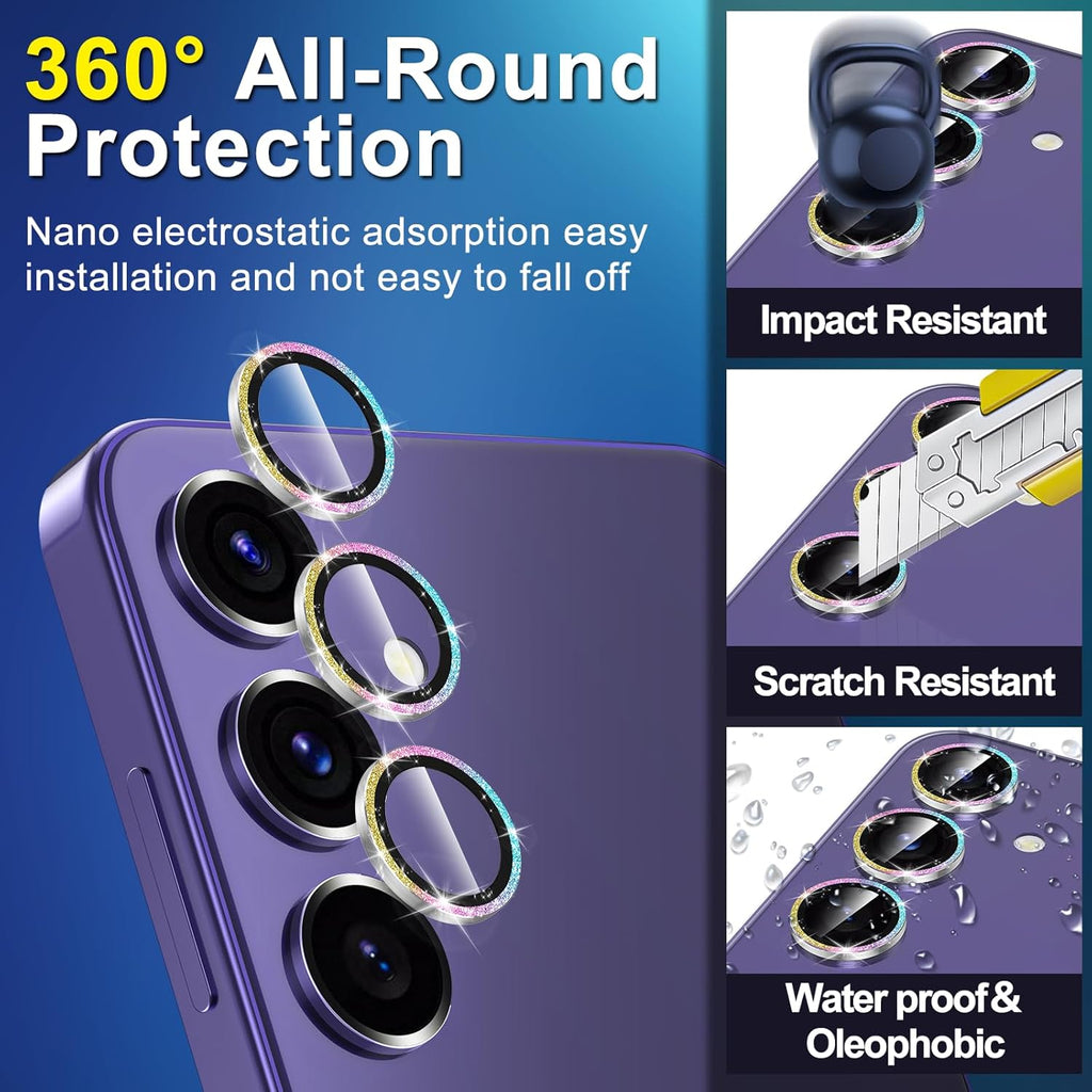 for Samsung Galaxy S24 Camera Lens Protector, Individual Metal Ring Tempered Glass Lens Cover, [Strong Adsorption] Scratch Resistant Ultra-Thin HD Clear Lens Cover, 1 Set-Colorful Sparkly