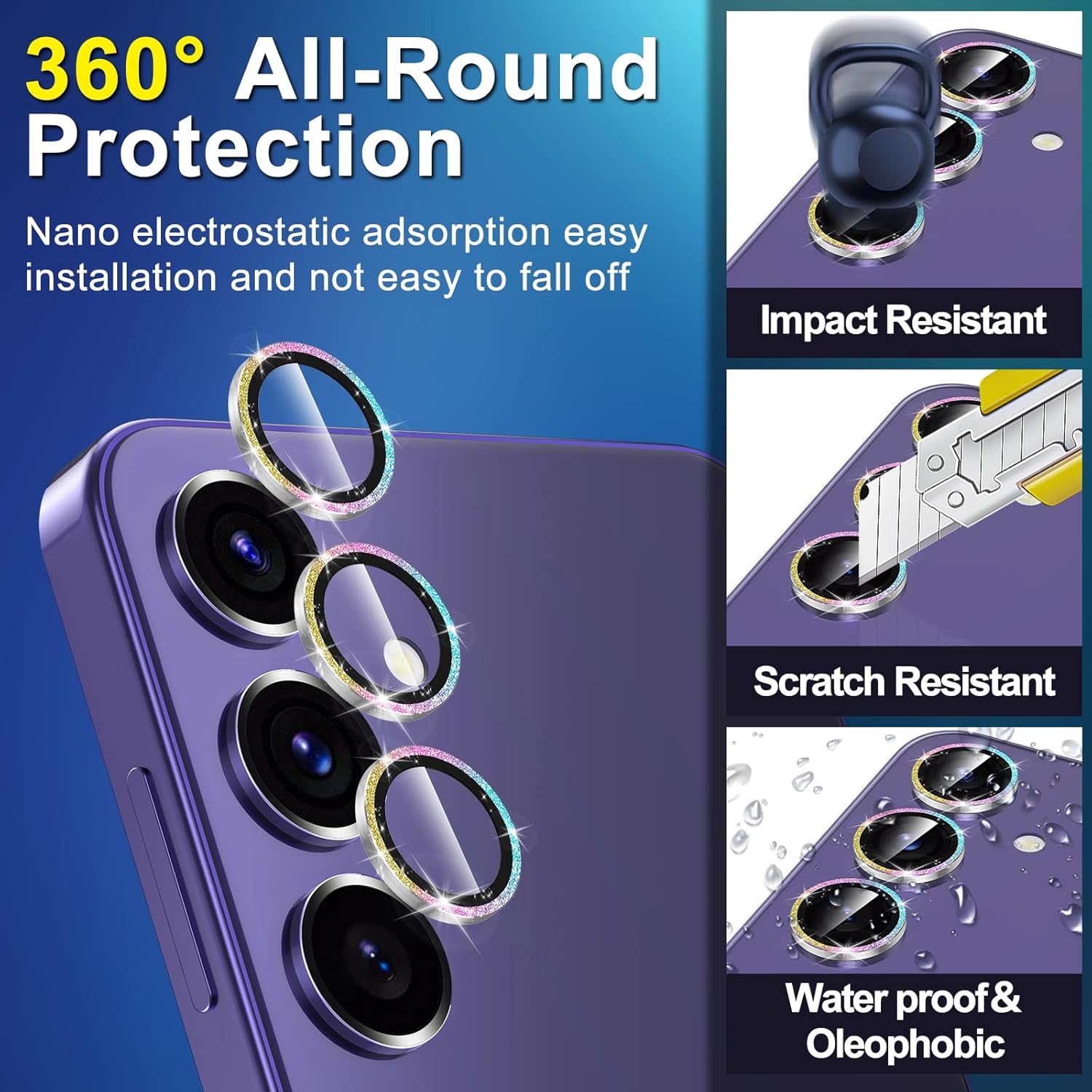 for Samsung Galaxy S24 Camera Lens Protector, Individual Metal Ring Tempered Glass Lens Cover, [Strong Adsorption] Scratch Resistant Ultra-Thin HD Clear Lens Cover, 1 Set-Colorful Sparkly
