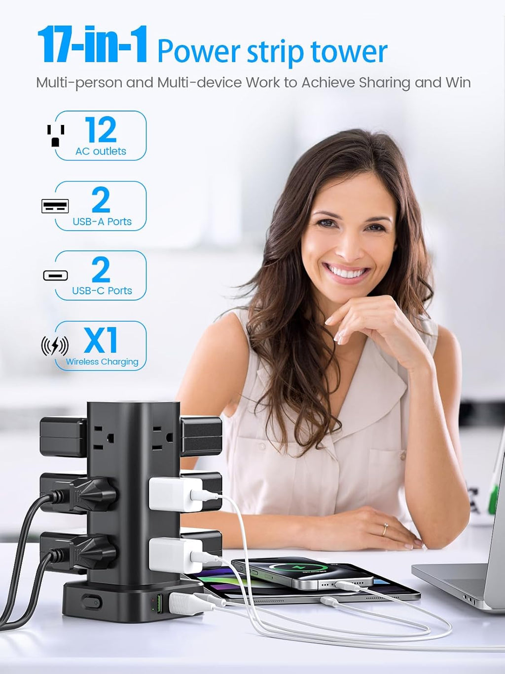 Tower Power Strip with 15W Wireless Charger, 6FT Flat Plug Extension Cord with Multiple Outlets, 12 AC Outlets, 4 USB Ports (2 USB C) Charging Station Surge Protector for Office Home Dorm Room (Black)
