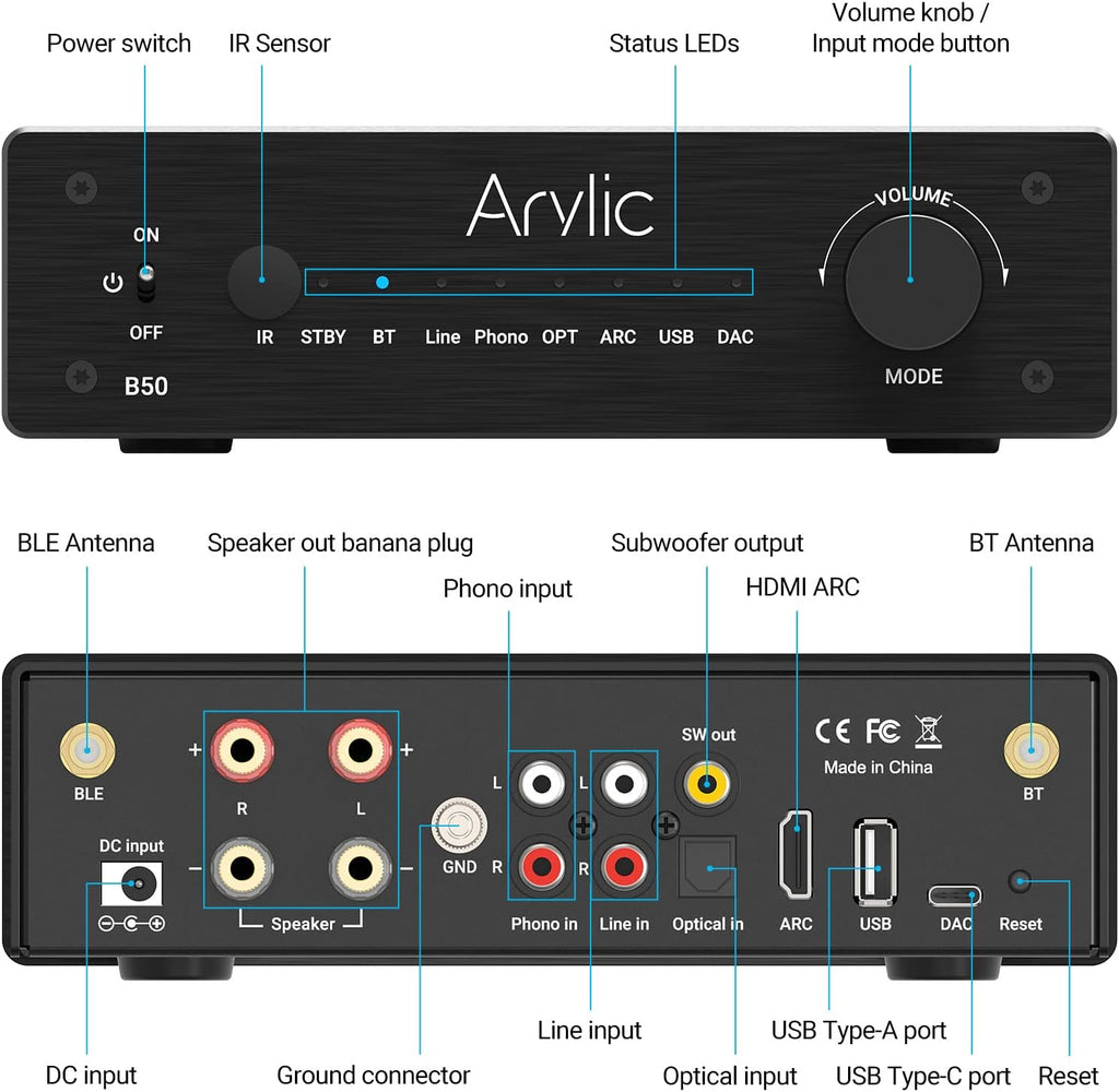 Arylic B50 2 Channel Bluetooth Amplifier with Audio Transmitter, 50W*2 Home Stereo Amplifiers with HDMI ARC,DAC,Phono in and Free APP. Support aptX HD Music Transmission & Reception.