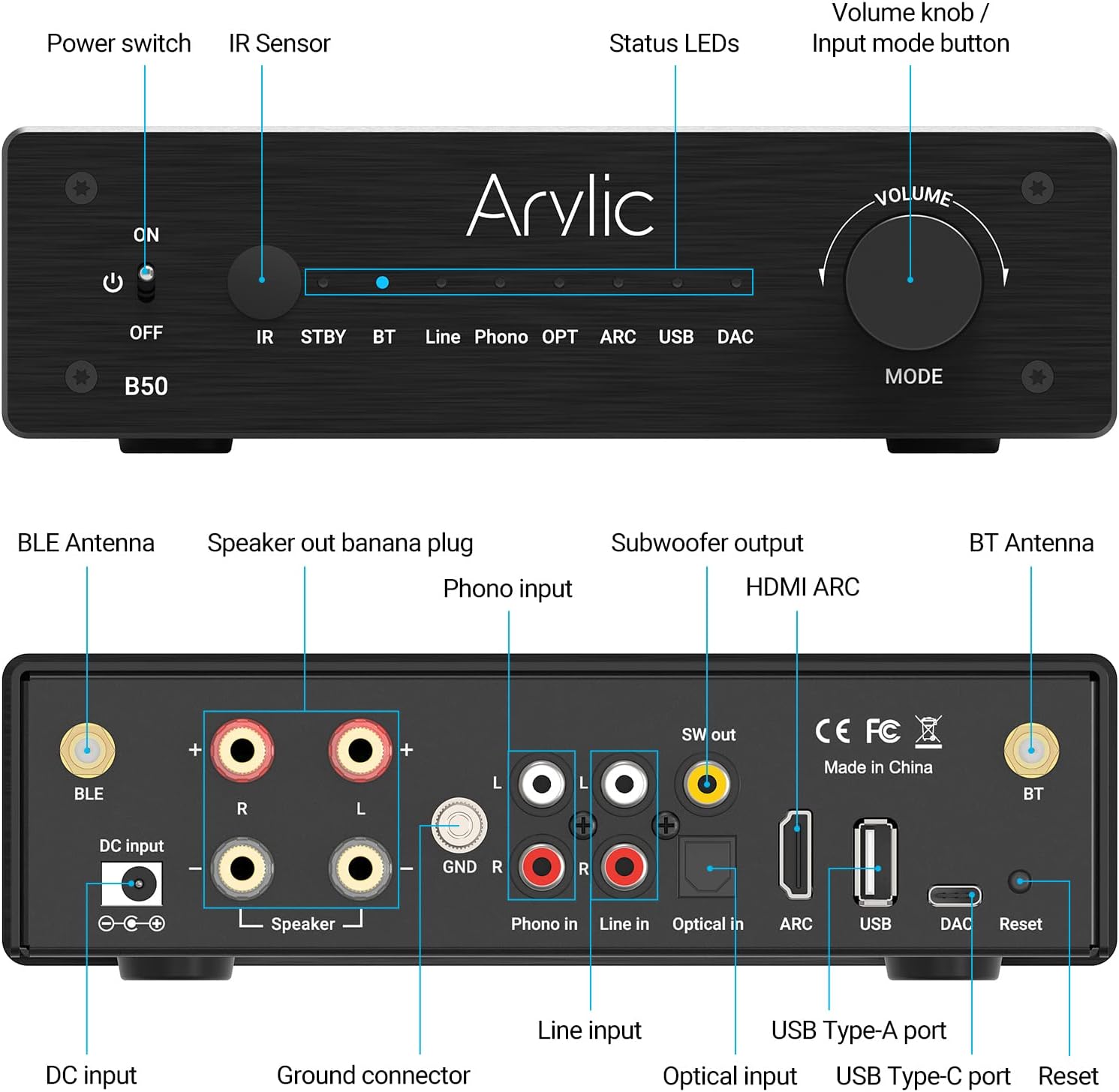 Arylic B50 2 Channel Bluetooth Amplifier with Audio Transmitter, 50W*2 Home Stereo Amplifiers with HDMI ARC,DAC,Phono in and Free APP. Support aptX HD Music Transmission & Reception.