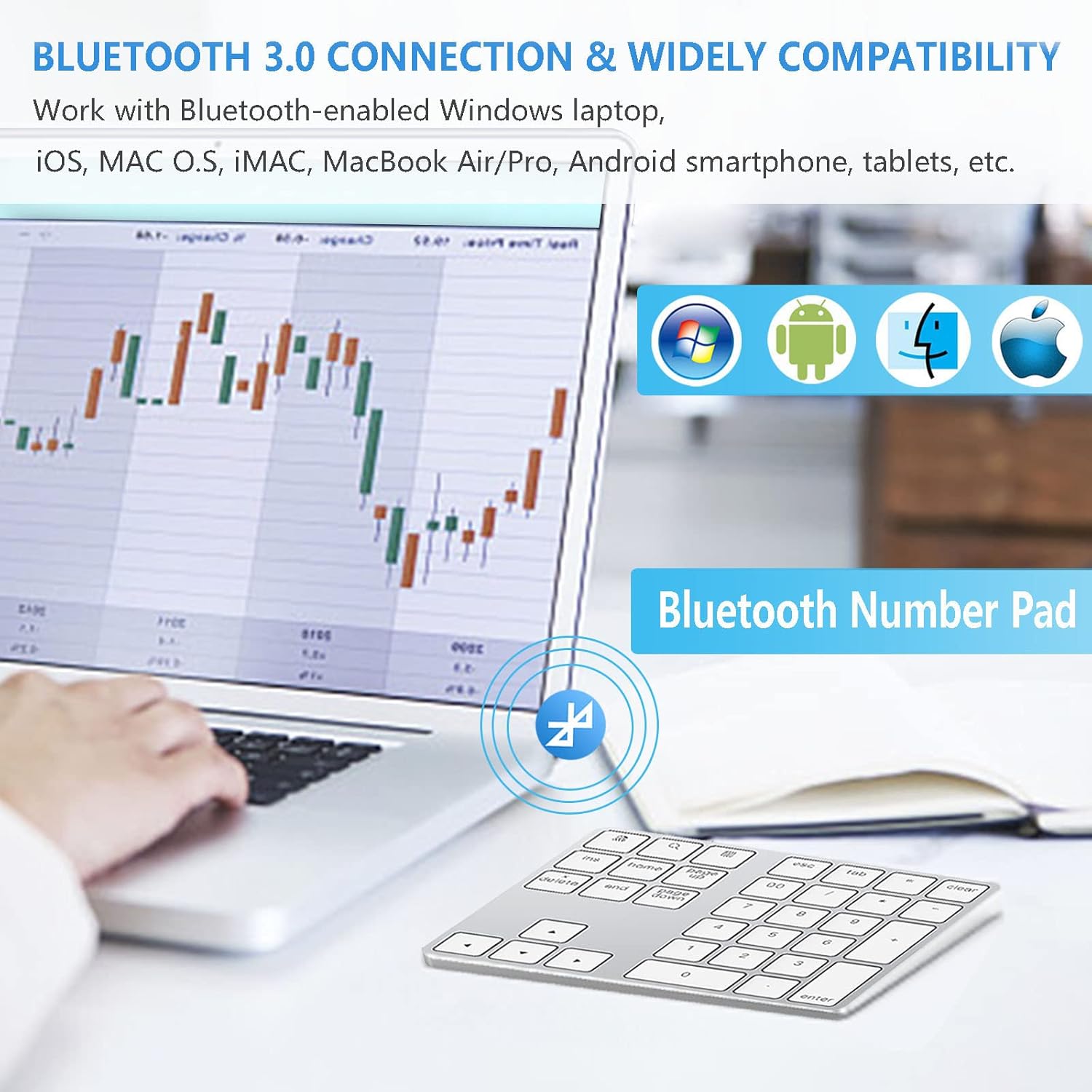 Lekvey Bluetooth Number Pad, Aluminum Rechargeable Wireless Numeric Keypad Slim 34-Keys External Numpad Keyboard Data Entry for Laptop, MacBook, MacBook Air/Pro, iMac, Windows, Surface Pro - Silver