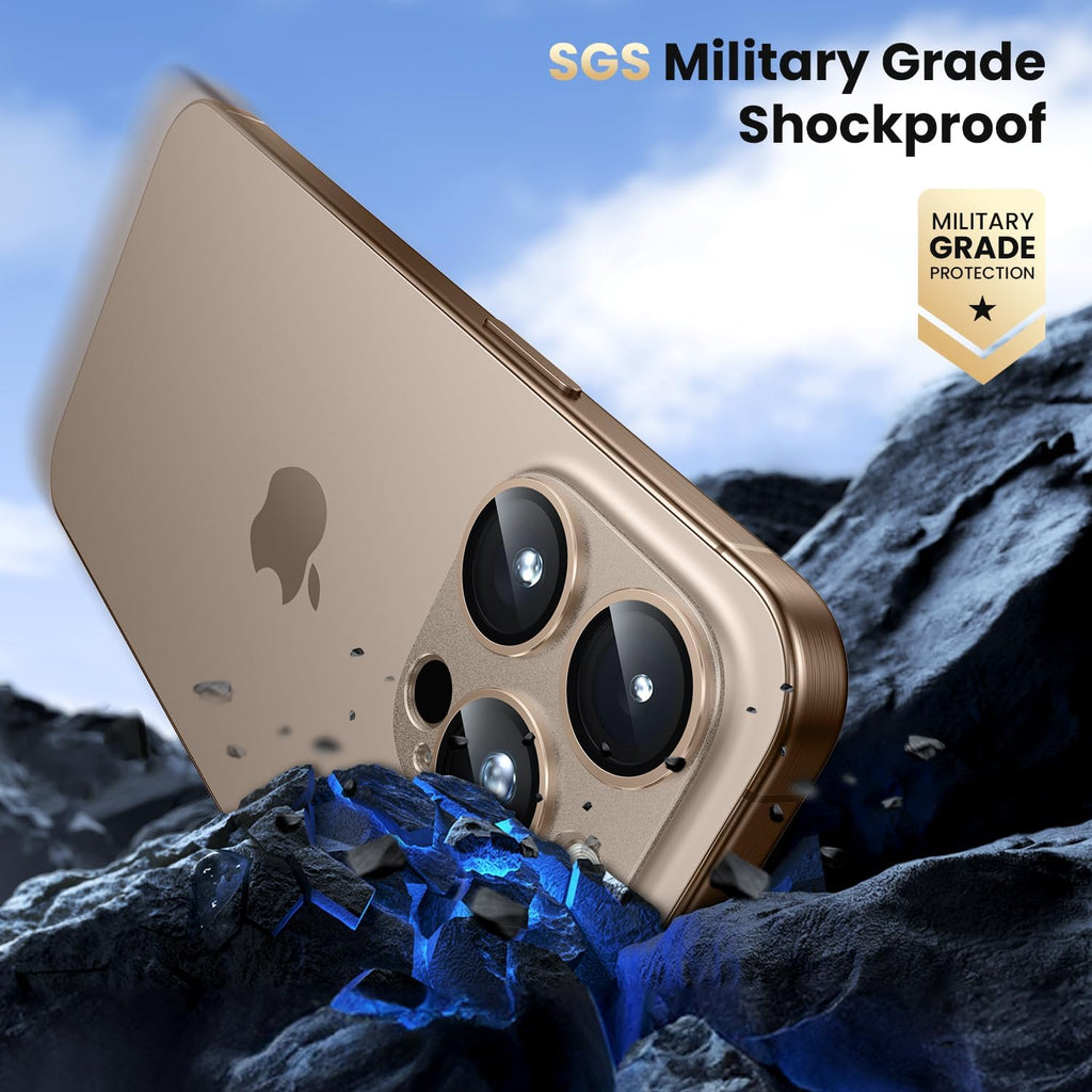 WSKEN for iPhone 16 Pro/iPhone 16 Pro Max Camera Lens Protector, [Military Grade Shatterproof] [Strong Adsorption] Metal Aluminum Alloy Tempered Glass Camera Screen Protector, Desert Titanium