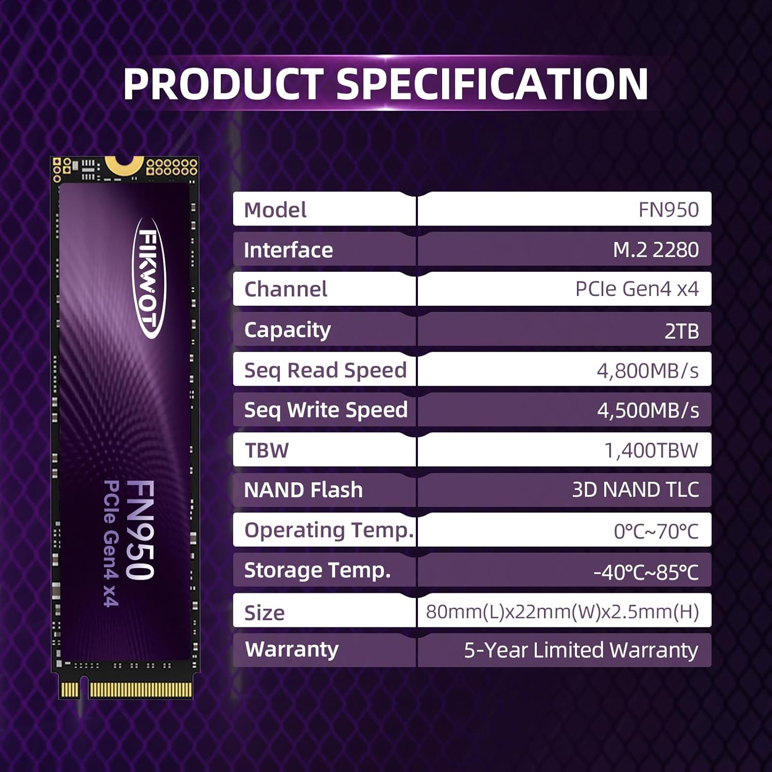 FN950 2TB NVMe SSD M.2 2280 PCIe Gen4x4, Up to 4800MB/s, Internal Solid State Drive, Configure SLC Cache, Storage and Memory Expansion for PS5 Laptop Desktop