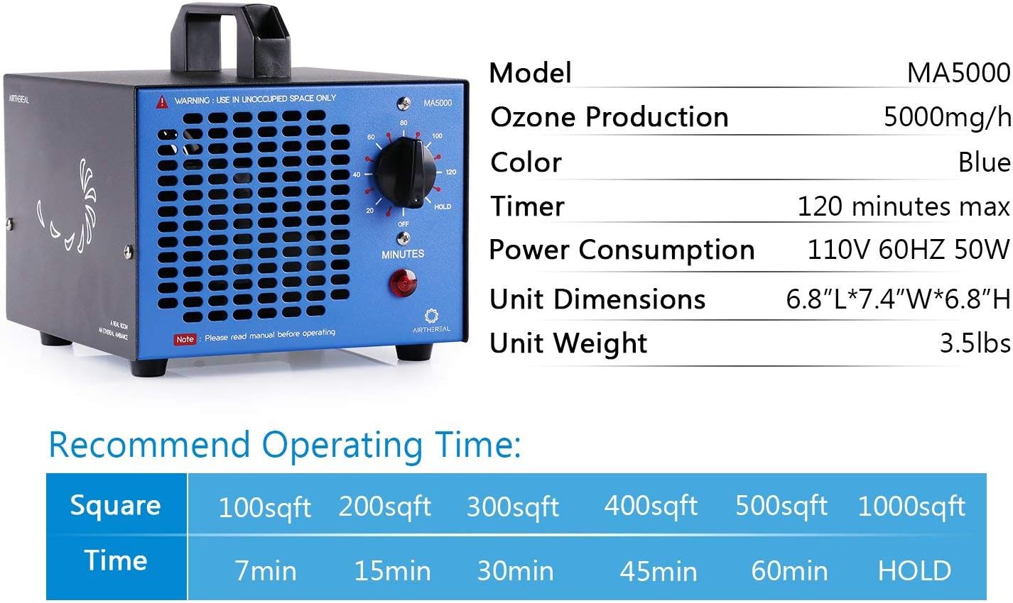 Airthereal MA5000 Commercial Ozone Generator, High Capacity Ozone Machine Odor Removal - Home Air Ionizers O3 Deodorizer for Rooms, Smoke, Cars and Pets, Eliminate Odors up to 2000sq.ft., Blue