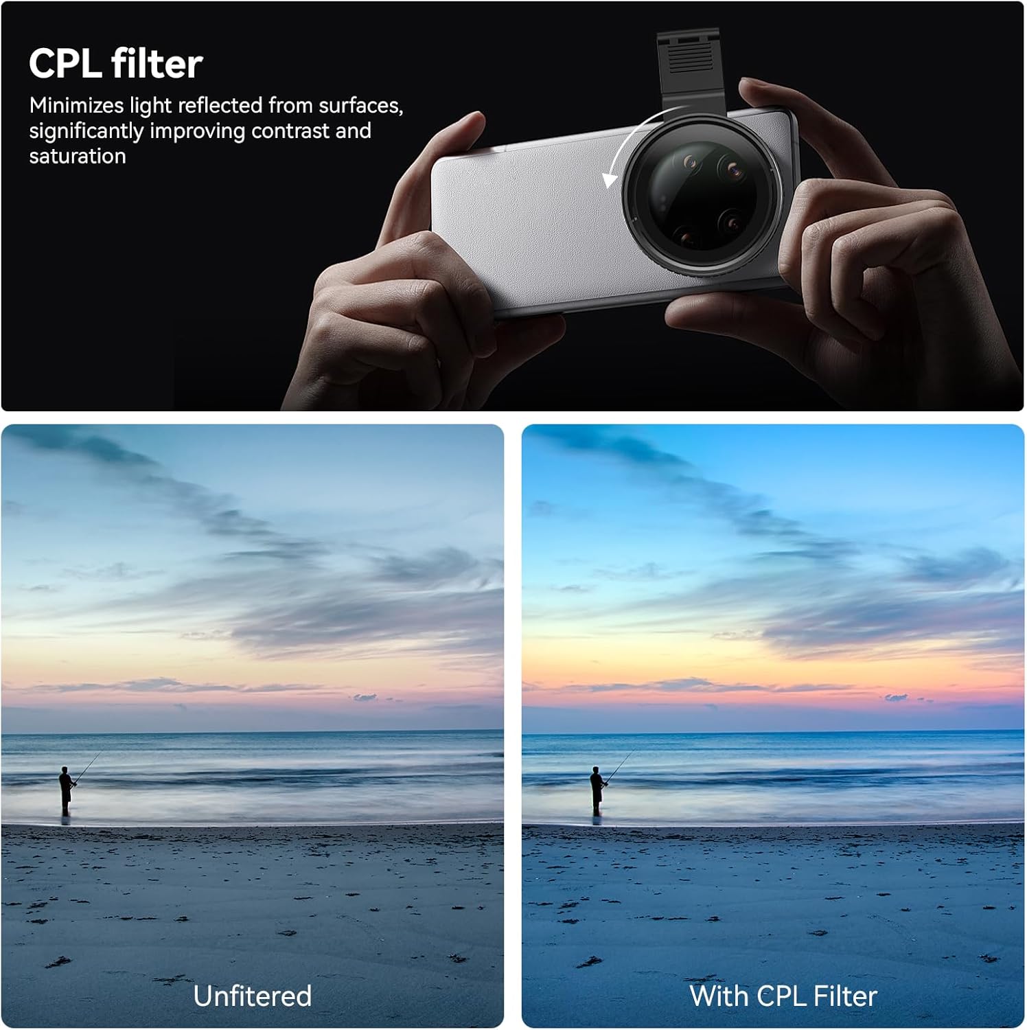 APEXEL CPL Filter 67mm Circular Polarizer Polarizing Filter for iPhone/DSLR for iPhone Camera Lens 16 15 14 13 12 Pro Max Samsung Galaxy Huawei with Adapter Ring, Universal Clip, Cold Shoe