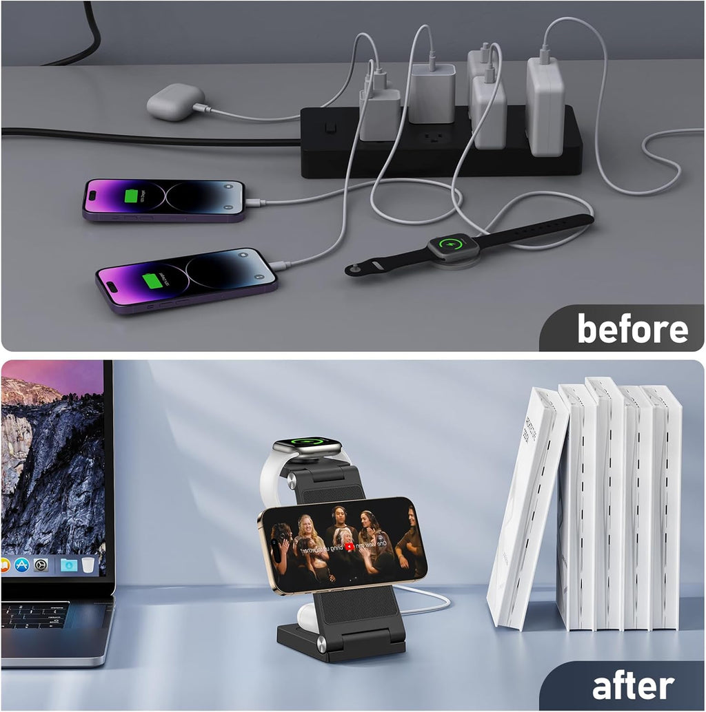 Magnetic Wireless Charger Stand, 3 in 1 Foldable Wireless Charging Station, Travel Charger for Multiple Devices for iPhone 16 15 14 13 12 Series, Apple Watch Ultra/9/8/7/6/5/4/3/2, AirPods