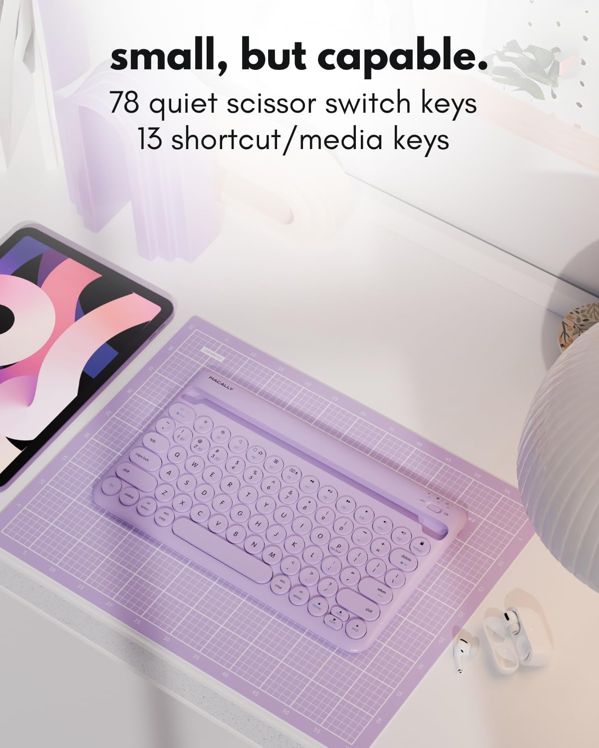 Macally Small Wireless Bluetooth Keyboard for iPad mini/Air/Pro, iPhone, Tablet, and Phone - 78 Key iPad Keyboard with Built-in Stand - Universal Compatible Multi Device - Purple