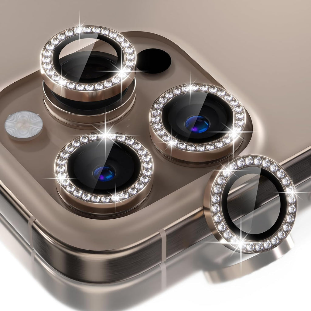 Choiche Compatible for iPhone 16 Pro/iPhone 16 Pro Max Camera Lens Protector Bling, 9H Tempered Glass Camera Cover Screen Protector Metal Ring Decoration Accessories (Diamond-Titanium Desert)