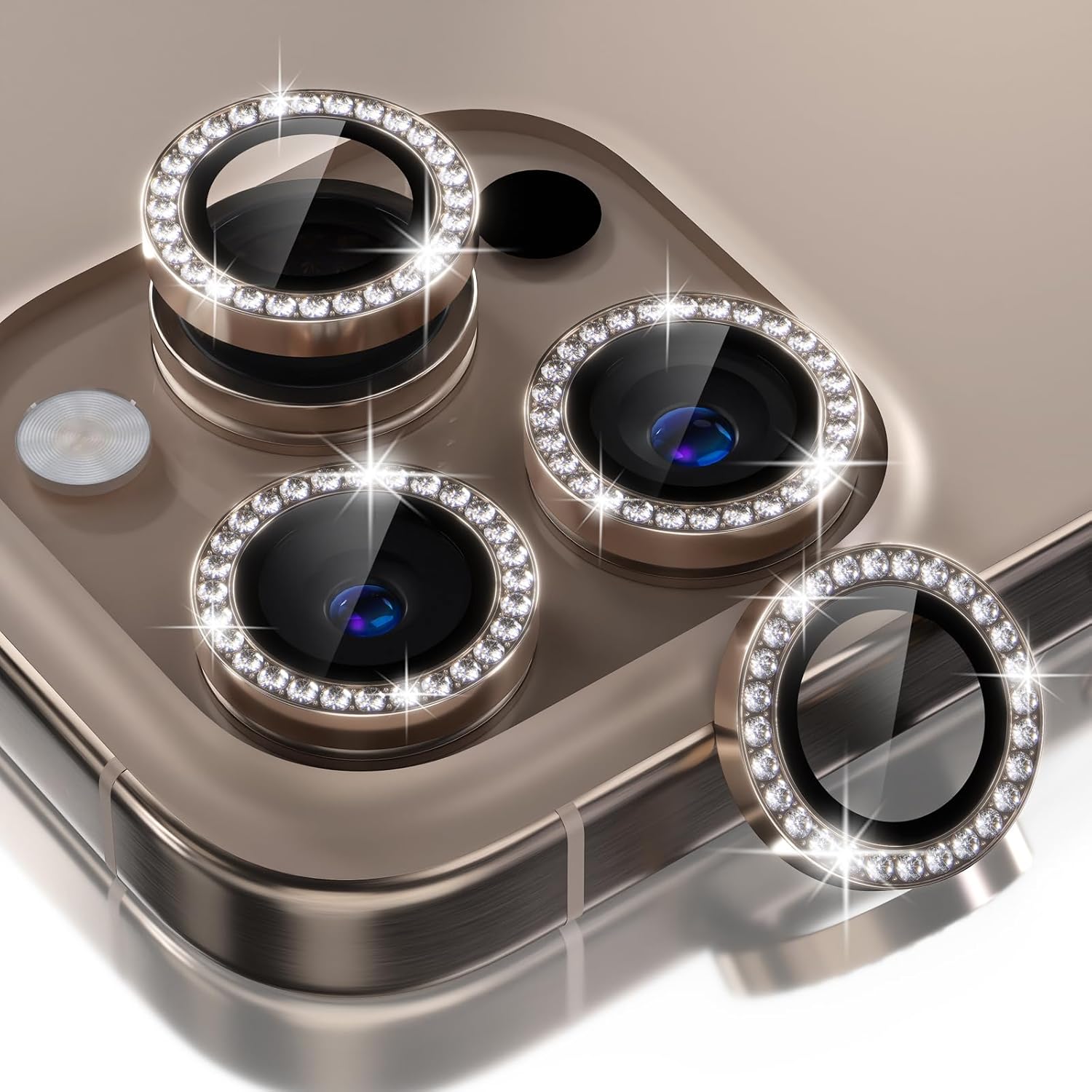Choiche Compatible for iPhone 16 Pro/iPhone 16 Pro Max Camera Lens Protector Bling, 9H Tempered Glass Camera Cover Screen Protector Metal Ring Decoration Accessories (Diamond-Titanium Desert)