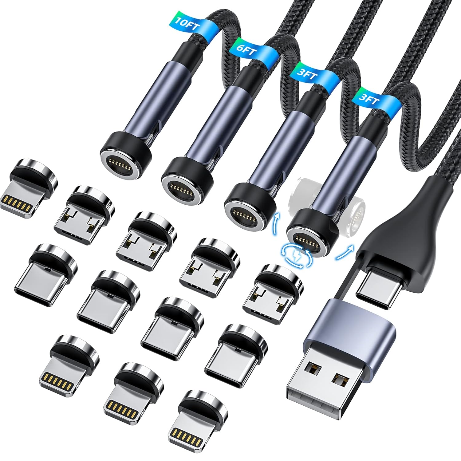 Ankndo 5-in-1 Magnetic Charging Cable, 540° Rotation Magnetic Phone Charger [4-Pack, 3ft/3ft/6ft/10ft] USB A/Type C Fast Charging Cable for iPhone/Micro USB/USB C Devices