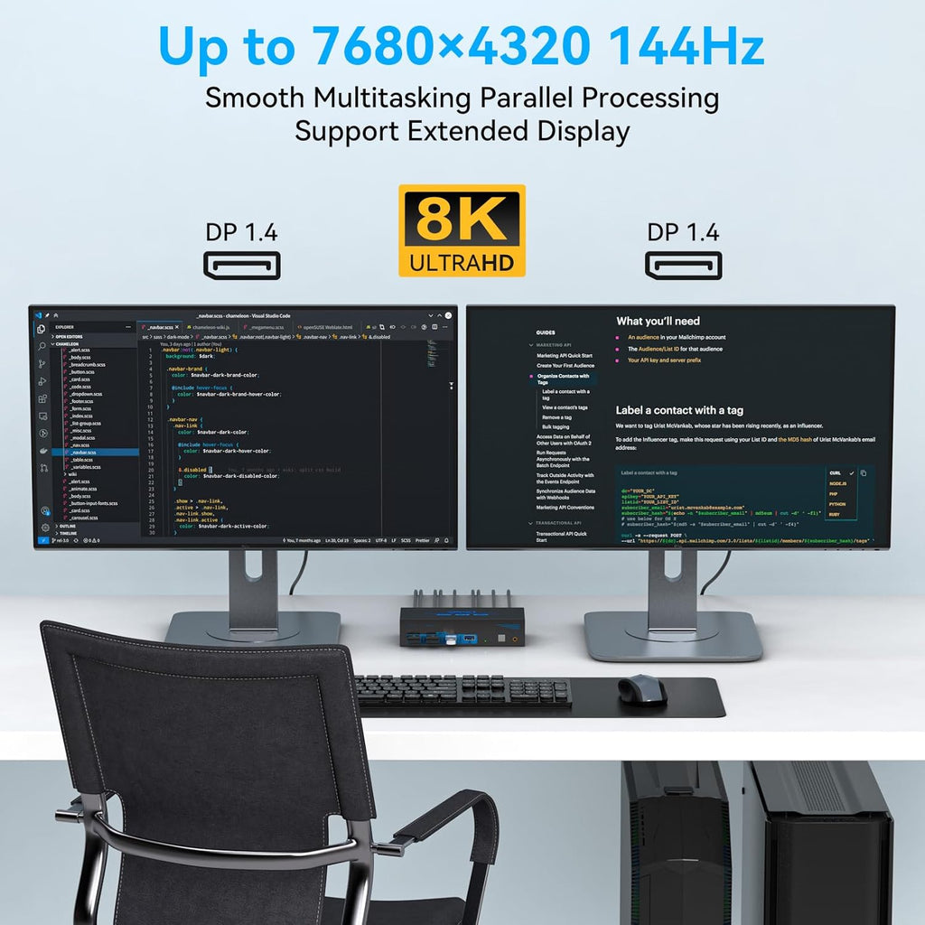 4K@144Hz Displayport KVM Switch 2 Monitors 2 Computers USB3.0 KVM Switch Dual Monitor for 2 Computers Share 2 Monitors and 4 USB Devices Support Extended/Copy Mode with Desktop Controller