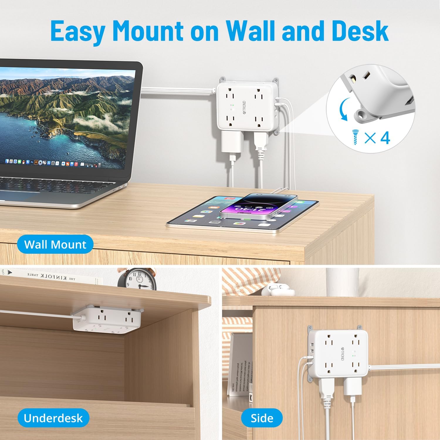 TROND Surge Protector Power Strip with USB, Ultra Thin Flat Plug 10ft Extension Cord 1625W, 3 USB-A & 1 USB-C, 8AC Outlets 1440J Surge Protection Wall Mount for Home Office Dorm Room Essentials, White
