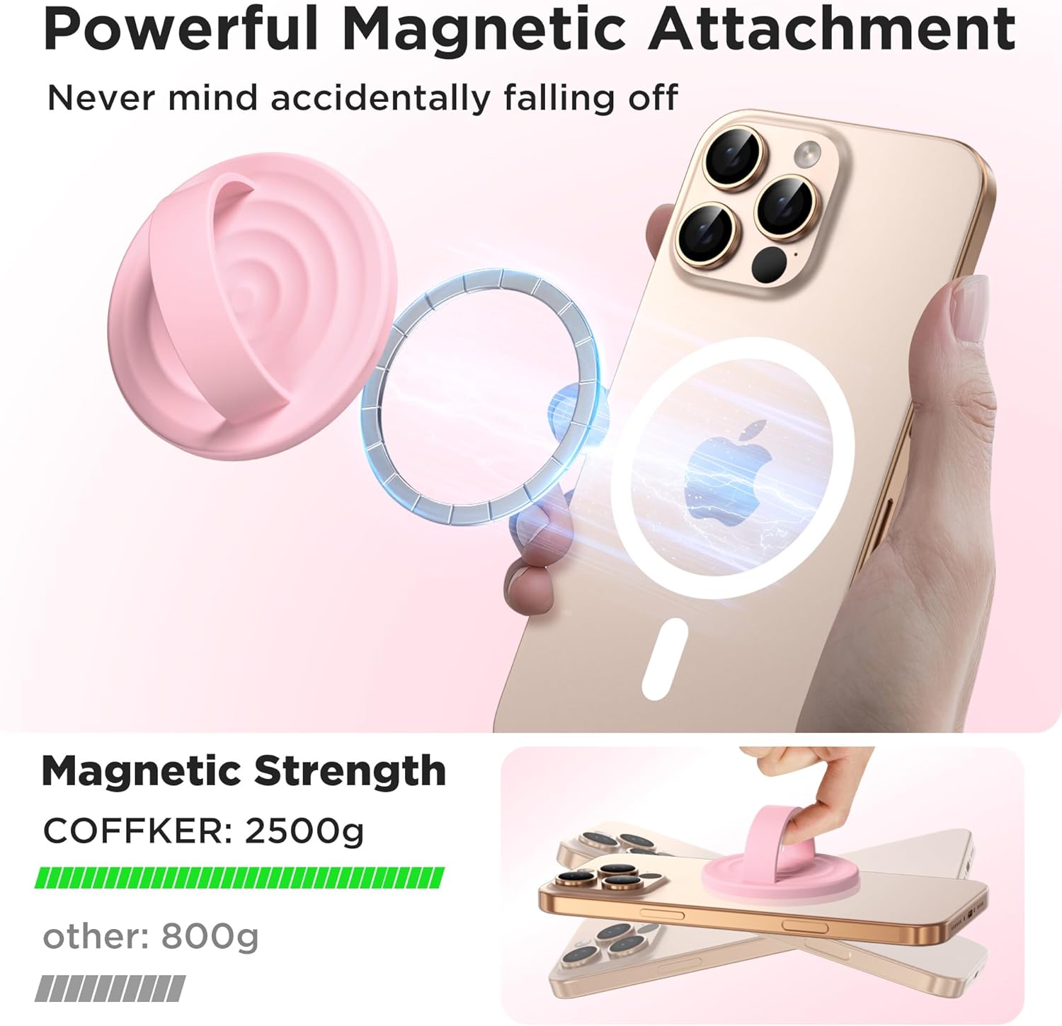 Magnetic Phone Ring Grip Holder, Silicone Finger Loop Grip, Compatible with MasSafe, Back of Phone for iPhone Pro Max/Plus/16/15/15/14/13/12 Series, Pink