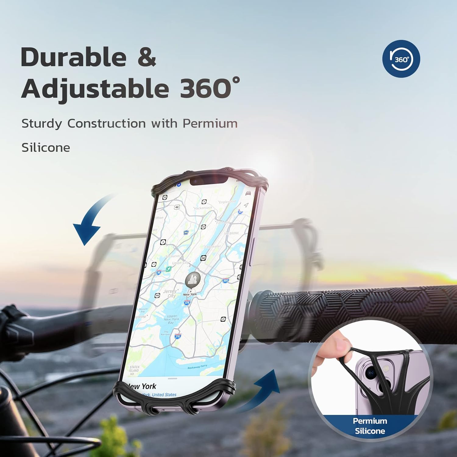 VUP Bike Phone Mount, Universal Bike Cell Phone Holder, 360° Rotatable, Silicone Bicycle Phone Mount Compatible with iPhone 15/14/13/Pro Max/Pro/mini/12/11/Xs/Max/Xr/X/7/8/Plus, 4.0''~6.7'' Cellphones