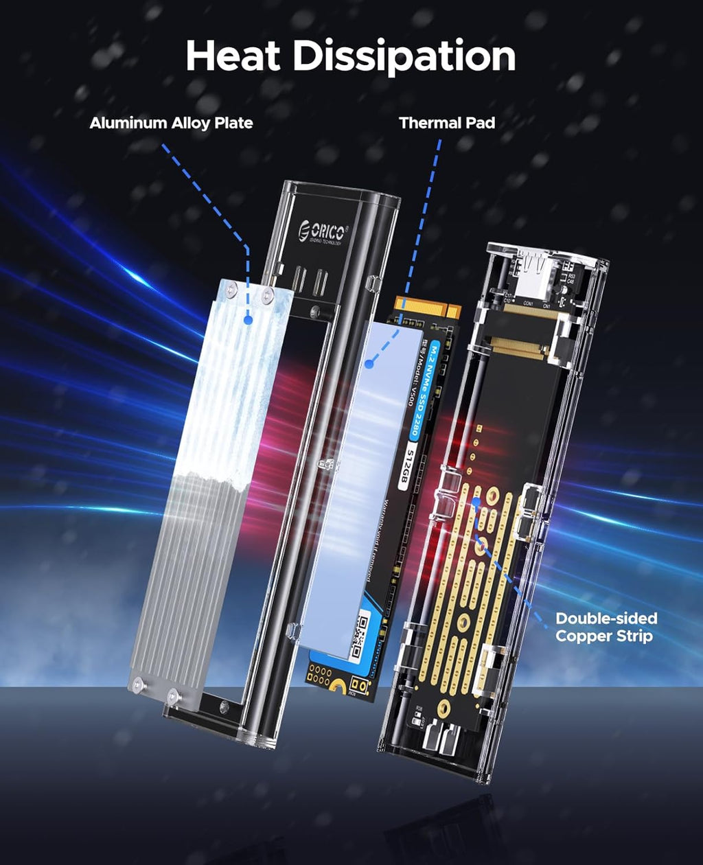 ORICO M.2 NVMe SSD Enclosure, USB 3.2 Gen 2 (10 Gbps), Transparent External Solid State Drive Adapter Enclosure for 2280 2260 2242 2230 PCI-E M2 M-Key SSD, USB Type C Converter Case-TCM2 Silver