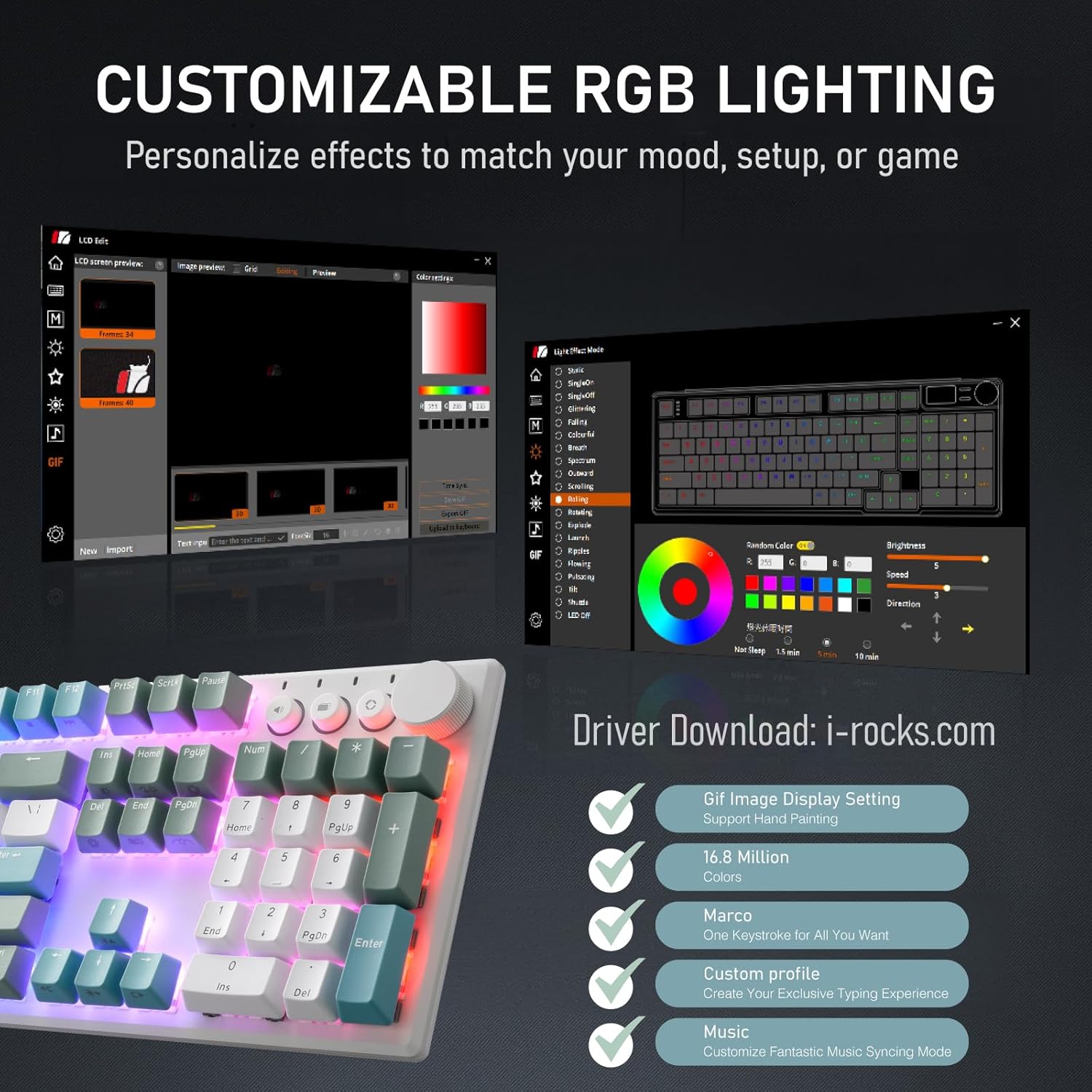 iRocks K74R Wireless RGB Illuminated Mechanical Gaming Keyboard, Hot-Swappable Switches, Easy-to-Clean Floating Design, PBT 107 Keys NKRO, Detachable USB-C Cable - Island Blue (Blue Switches)