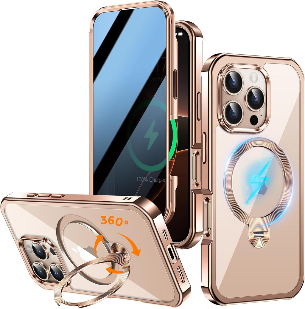 [360° Rotatable CD Stand & Built-in Privacy Screen Magnetic Case for iPhone 16 Pro Max [Compatible with MagSafe & Full Signal] Shockproof Full Body Anti-Spy Cover for 16 Pro Max-Desert Gold