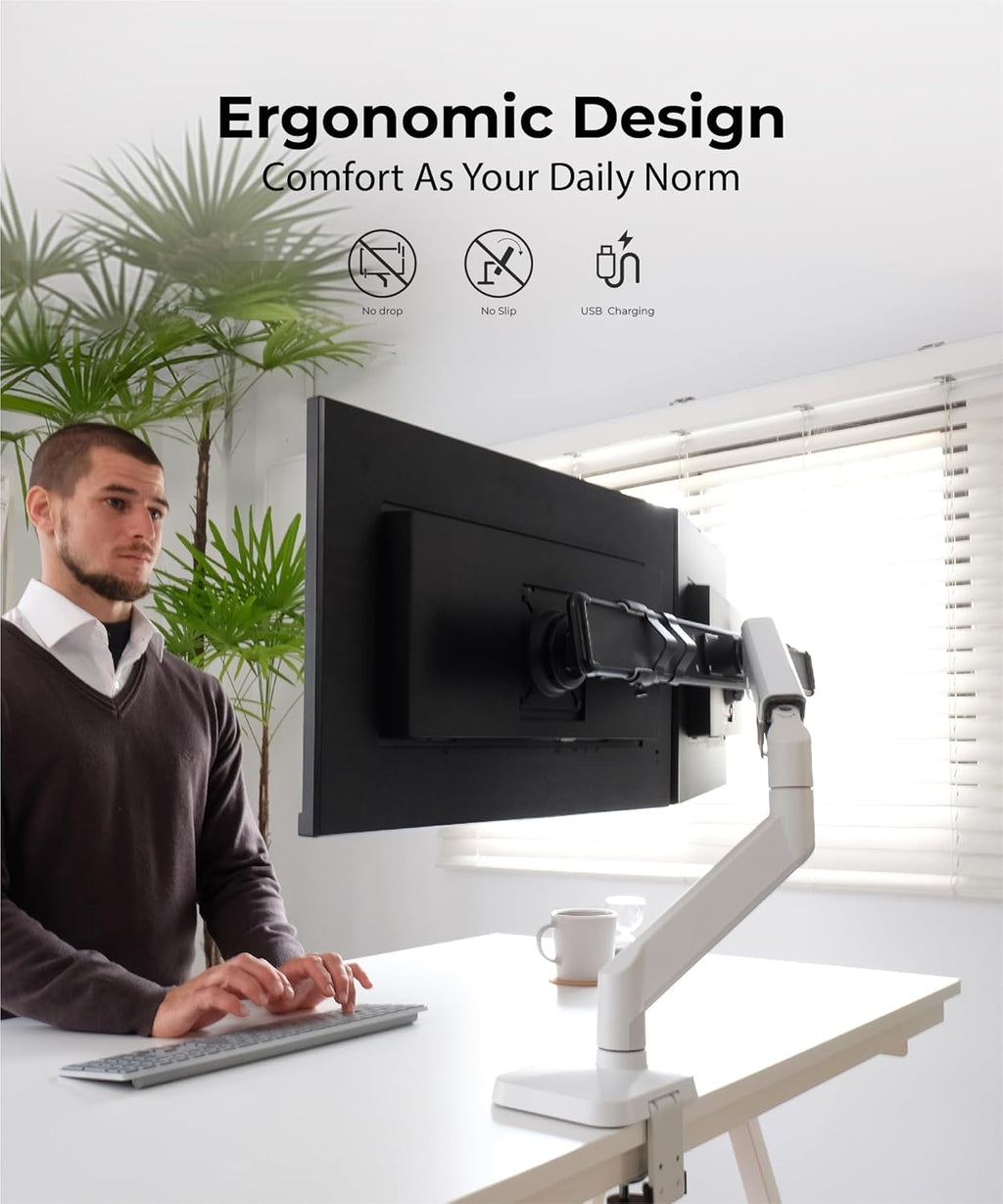 Dual Monitor Arm Desk Mount with Gas Spring & USB Charging, Fits 17–32” inches Screens up to 33 lbs, VESA 75x75/100x100, Crossbar Handle for Easy Adjustment, Black, Dual