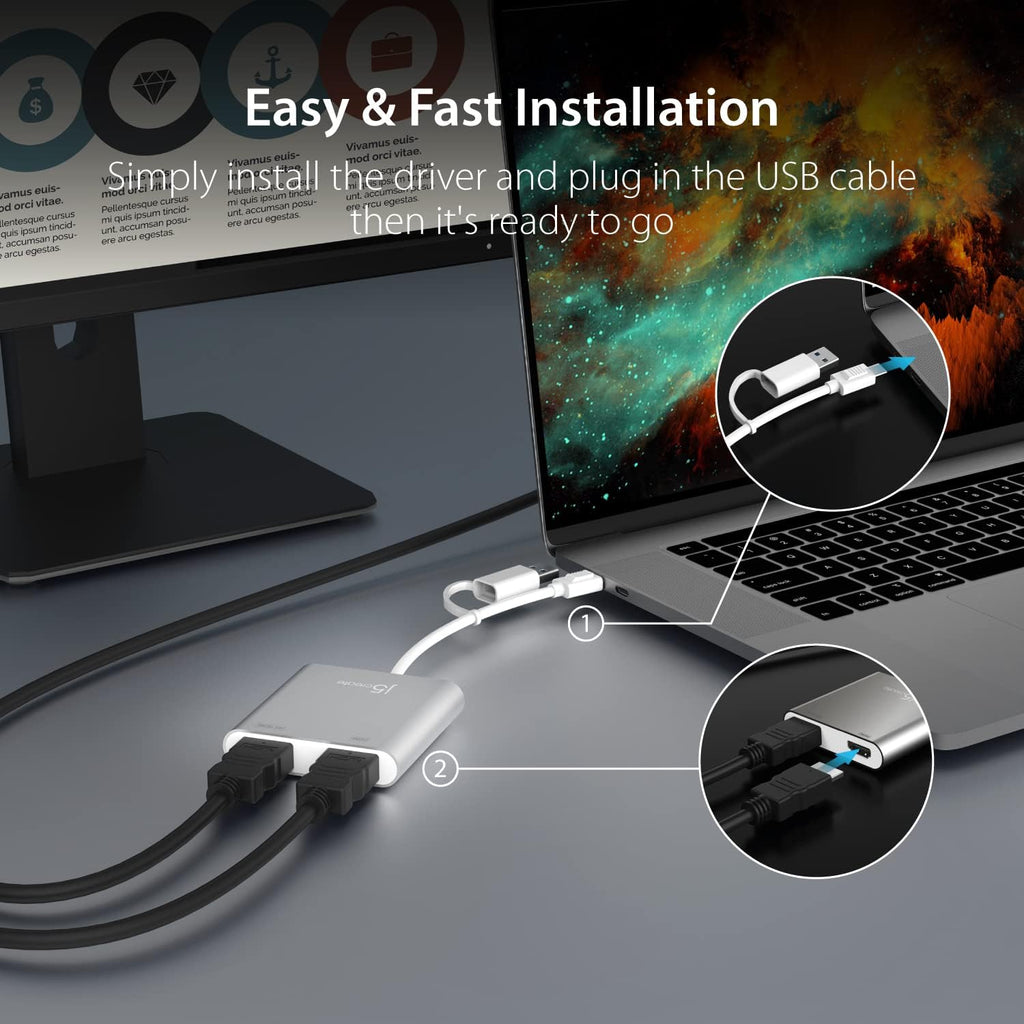 j5create USB-C to Dual HDMI Multi-Monitor Adapter with USB Type-A convertor | 4K + 2K | Compatible with Windows and Mac (JCA365)