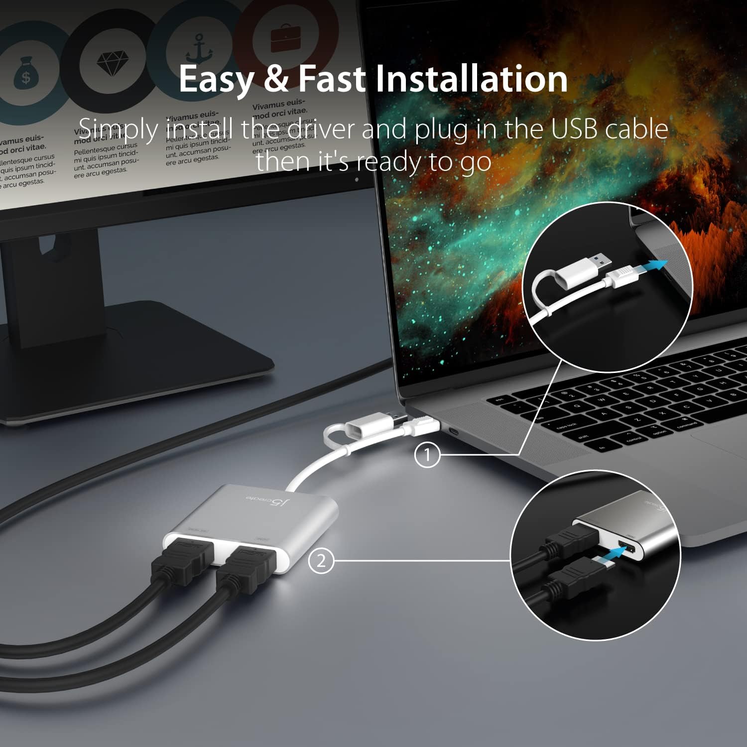 j5create USB-C to Dual HDMI Multi-Monitor Adapter with USB Type-A convertor | 4K + 2K | Compatible with Windows and Mac (JCA365)