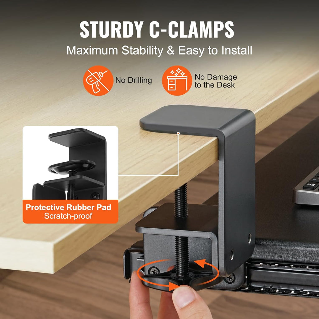 VEVOR Clamp on Keyboard Tray Under Desk, Desk Keyboard Tray Slide Out with Sturdy No-Drill C Clamp Mount, Large 26.8 x 11 inch Slide-Out Computer Drawer for Typing in Home, Office Work