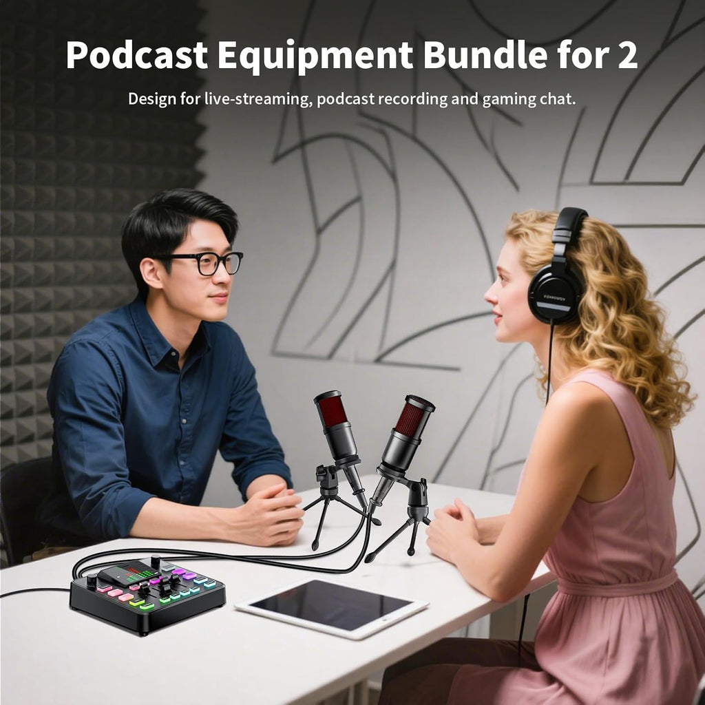 Podcast Equipment Bundle, PUPGSIS Audio Mixer with Dynamic Microphone, Pro-preamp, Bluetooth 5.3, Gaming Equipment Set for Podcast Recording, Live Streaming, Video Vocals, Phone, DJ