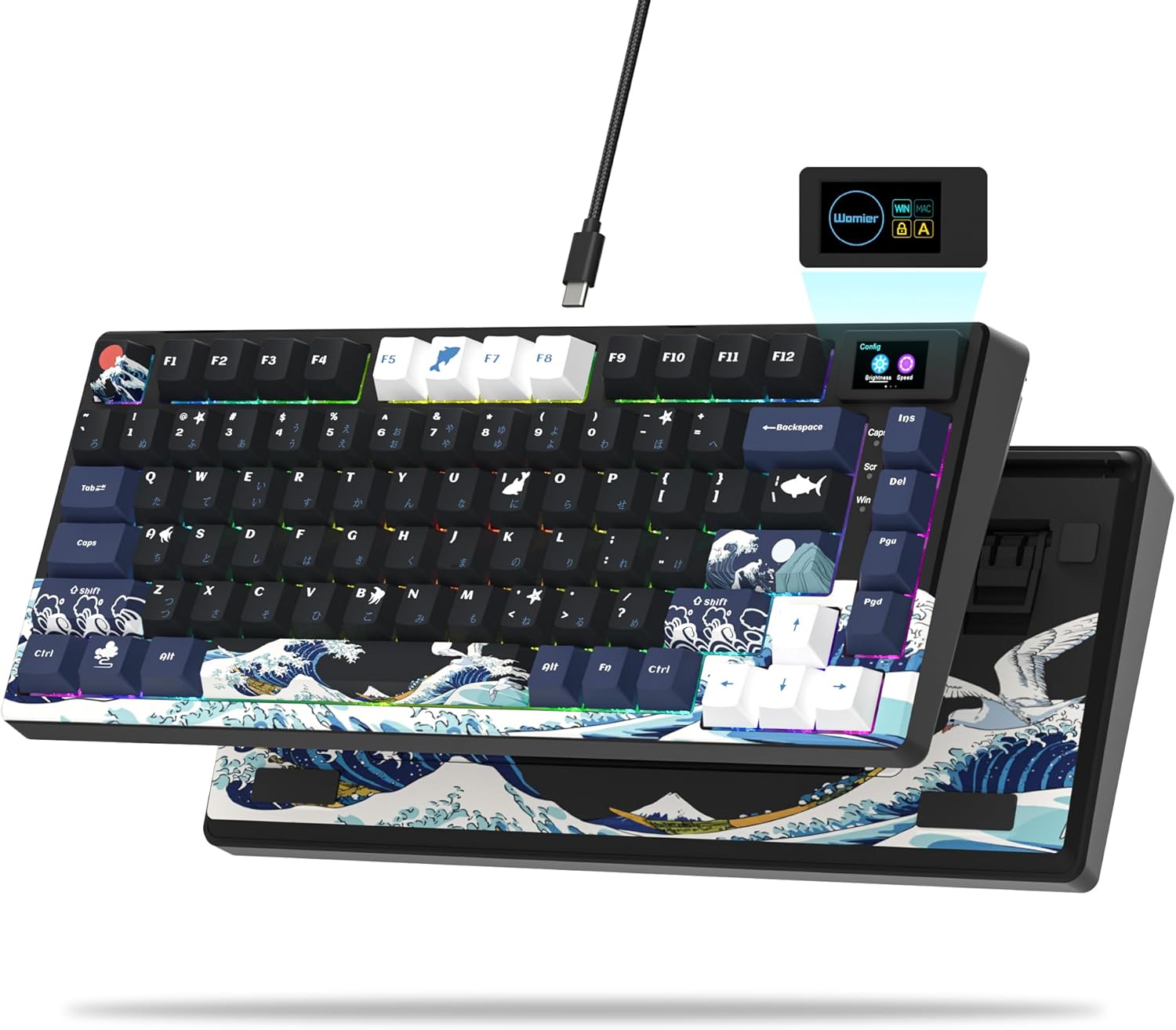 Womier S-K80 75% Keyboard with Color Multimedia Display Mechanical Gaming Keyboard, Wired Hot Swappable Gasket Mount RGB Custom Key Board, Pre-lubed Stabilizer for Mac/Win, Black Kanagawa