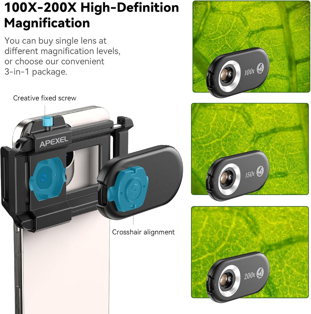 APEXEL Phone Microscope Lens, 200X Phone Micro Lens Nano Zoom for Android/iPhone With LED UV Light/CPL/Universal Clip, Mini Pocket Digital Microscope, Portable Smartphone micro lens Camera Attachments