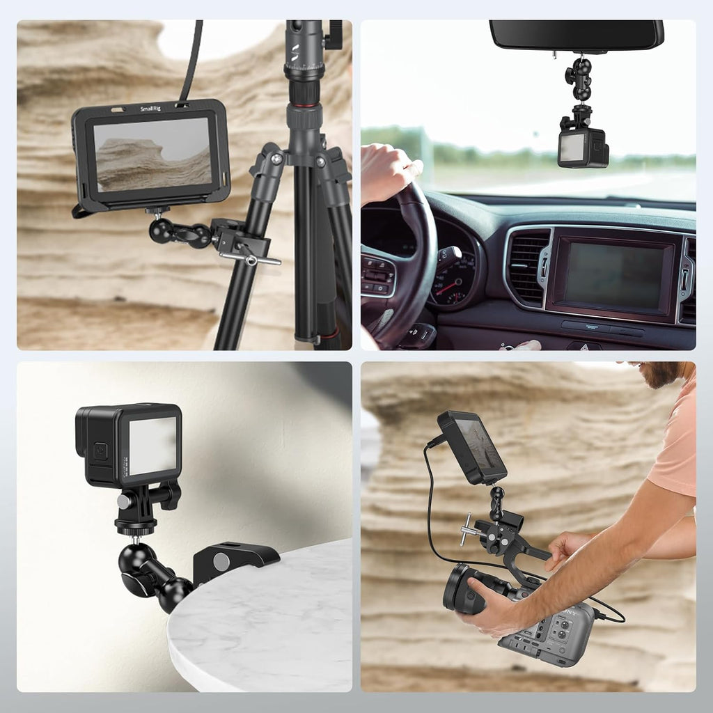 SMALLRIG Super Camera Clamp Mount, Double Ball Head Magic Arm Adapter, Fence/Desk/Tripod Mount for Monitor/Light/Camera, for Insta360, for Gopro