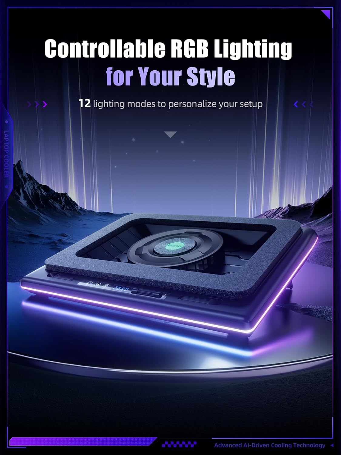 llano V12 Ultra Laptop Cooling Pad with Smart Software Control, RGB Gaming Laptop Fan Cooler Stand, 5.5" Turbo Fan, Adjustable Speed, 3*USB 3.0 Ports, 3 Height Stands, for 15.6"-19" Laptops, Black