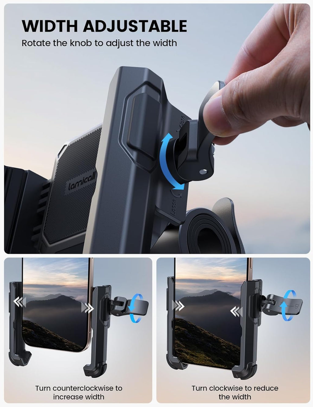 Lamicall Motorcycle Bike Phone Mount - [No Block Camera] [1s Lock] Bike Cell Phone Holder Clamp, Bicycle Scooter Handlebar Clip, for iPhone 16 15 14 Pro Max, Galaxy S25 S24 Ultra, 4.7-7" Phones