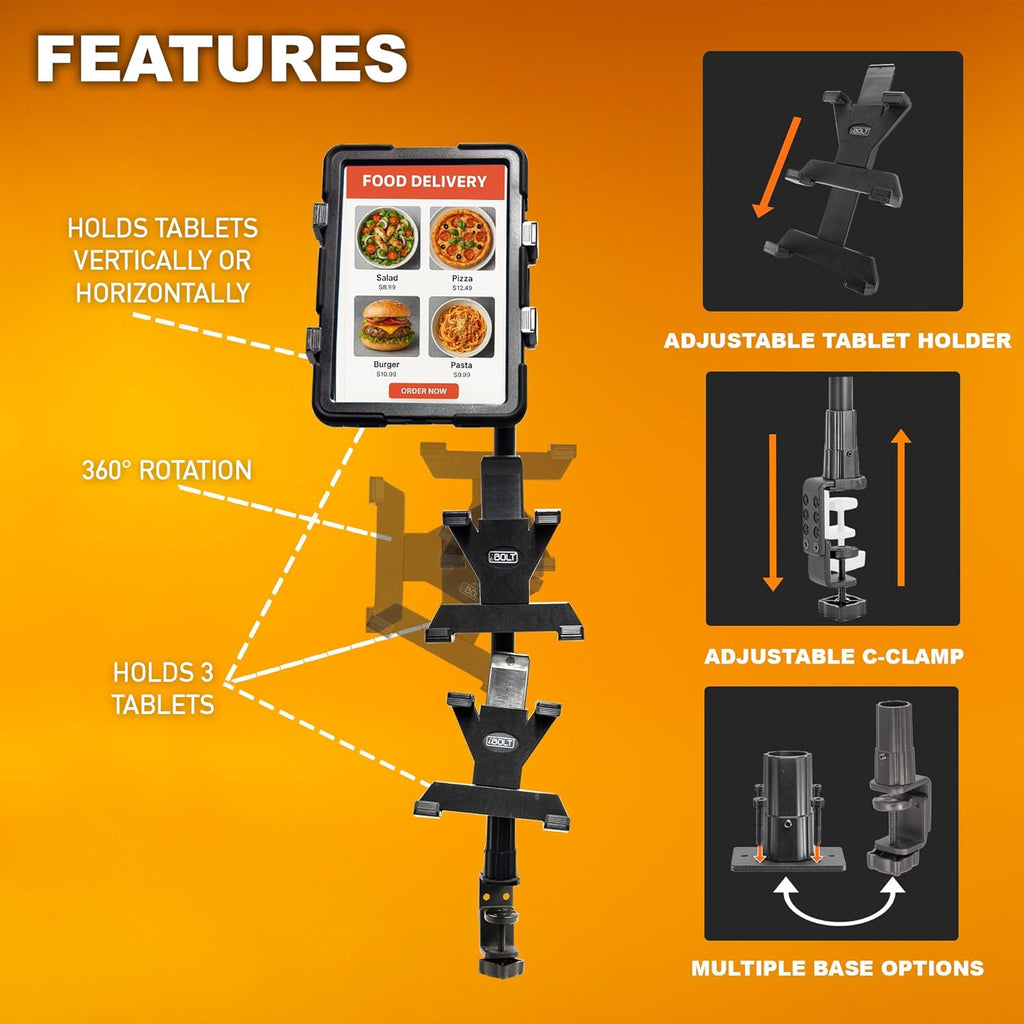 iBOLT Tablet Tower- Point of Purchase/POS Clamp Mount - with 3 TabDock Holders Perfect for Multiple delivery Applications (DoorDash, Uber eats, Postmates, etc.) Fits 7 to 10 inch Tablets