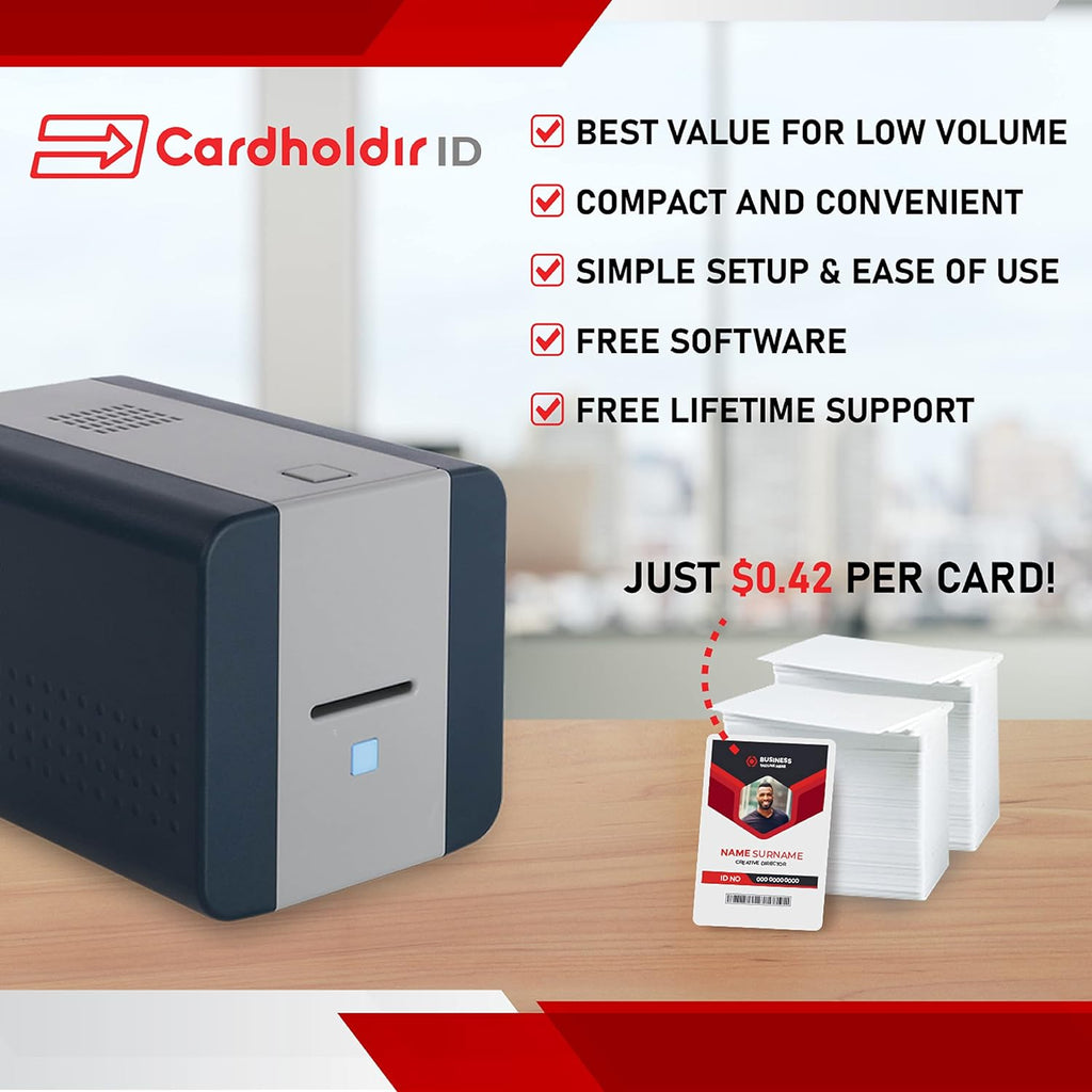 Easy Badges Solid 210 ID Badge Printer | with Beginner Software, HD Webcam, & Everything Needed to Design and Print 200 ID Cards, | Single Sided Employee & Student ID Card Printer