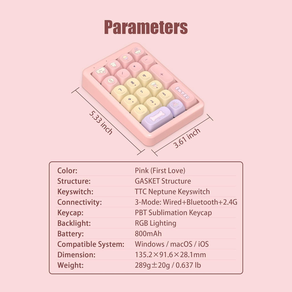 NumberPad,21Keys HotSwappable Numpad,Bluetooth5.0/2.4G/Type-C Wireless Numeric Keypad,Rechargeable Number keypad,RGB Gasket Structure Mechanical Keyboard with PBT Keycap for PC Laptop Notebook