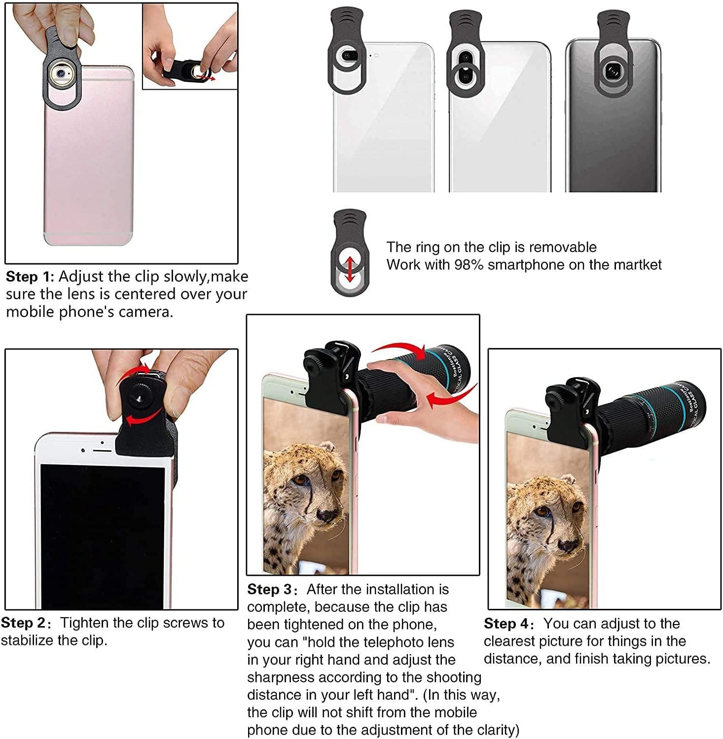 Phone Camera Lens Kit 10 in 1 for iPhone Samsung Pixel Android, 22X Telephoto Lens, 0.62X Super Wide Angle Lens&25X Macro Lens, 235° Fisheye,Kaleidoscopes, Starlight，Tripod，for Most Smartphone Black