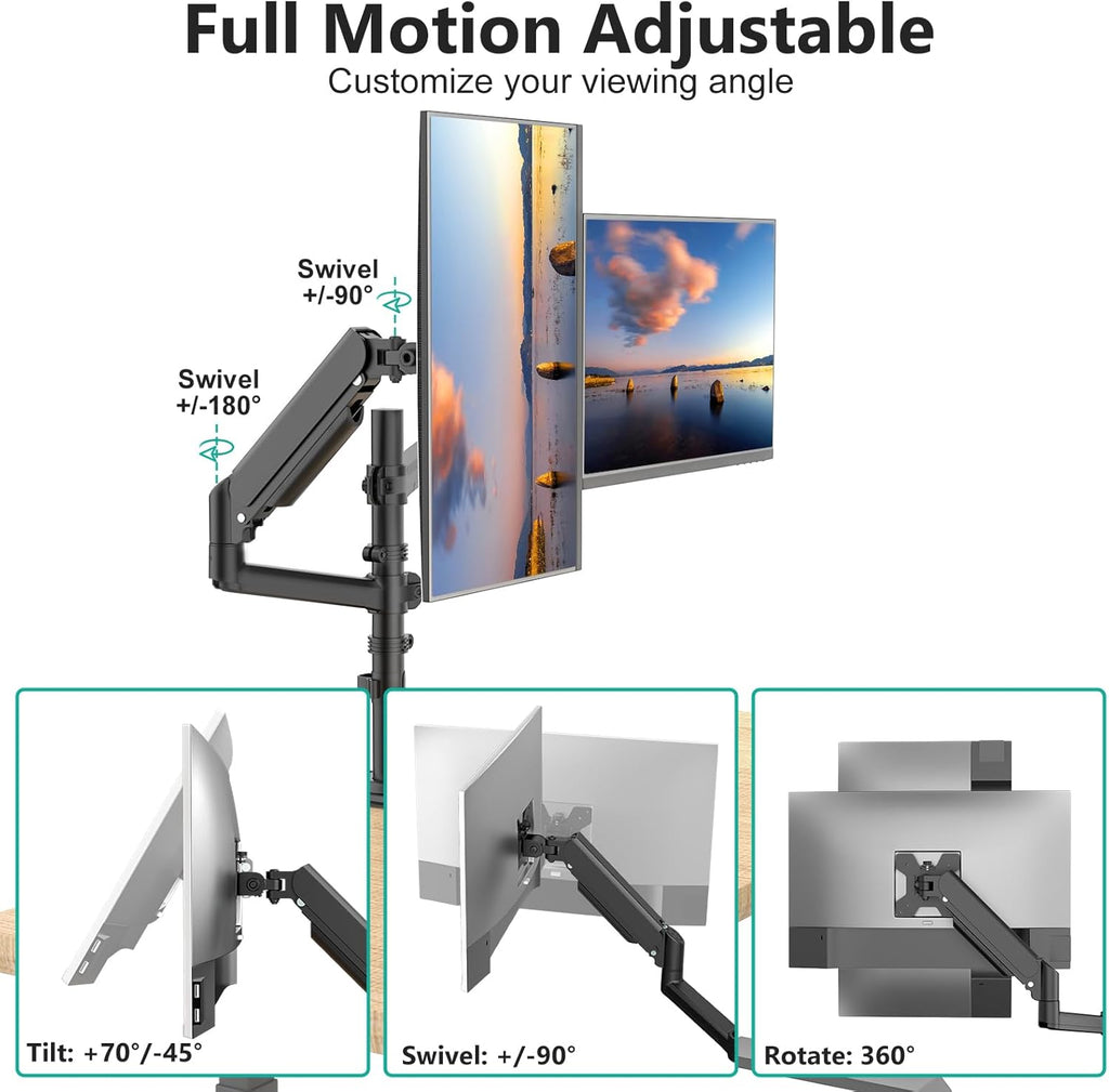 WALI Dual Monitor Mount, 13-32 Inch Adjustable Spring Dual Monitor Arm for Desk Holds Max 19.8 lbs Screens, Swivel Vesa Bracket with C Clamp, Grommet Mounting, Monitor Arms for 2 Monitors (GSDM002)
