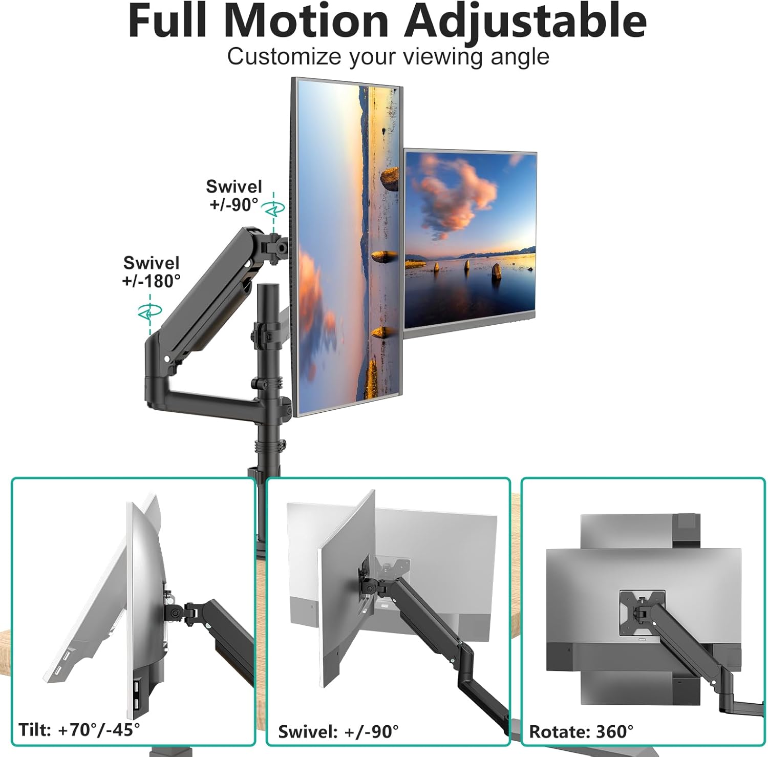 WALI Dual Monitor Mount, 13-32 Inch Adjustable Spring Dual Monitor Arm for Desk Holds Max 19.8 lbs Screens, Swivel Vesa Bracket with C Clamp, Grommet Mounting, Monitor Arms for 2 Monitors (GSDM002)
